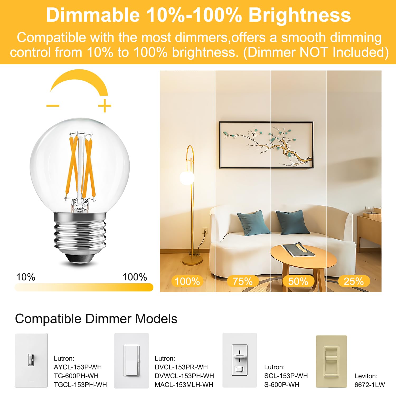 Brimax 10 Pack G16.5 Led Light Bulbs 40 Watt, E26 Dimmable Small Globe Led Bulbs 4 Watt Edison Bulb 2700K Warm White,Ac120V,Flic