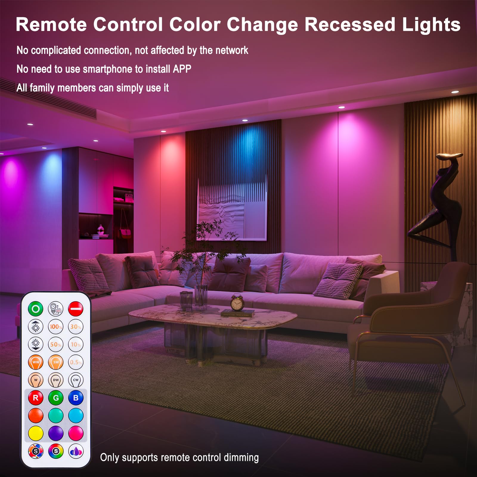 Taptoron 6 Inch RGBCW LED Recessed Ceiling Light, 16W 1350LM, Dimmable, Remote Control, 12 Pack
