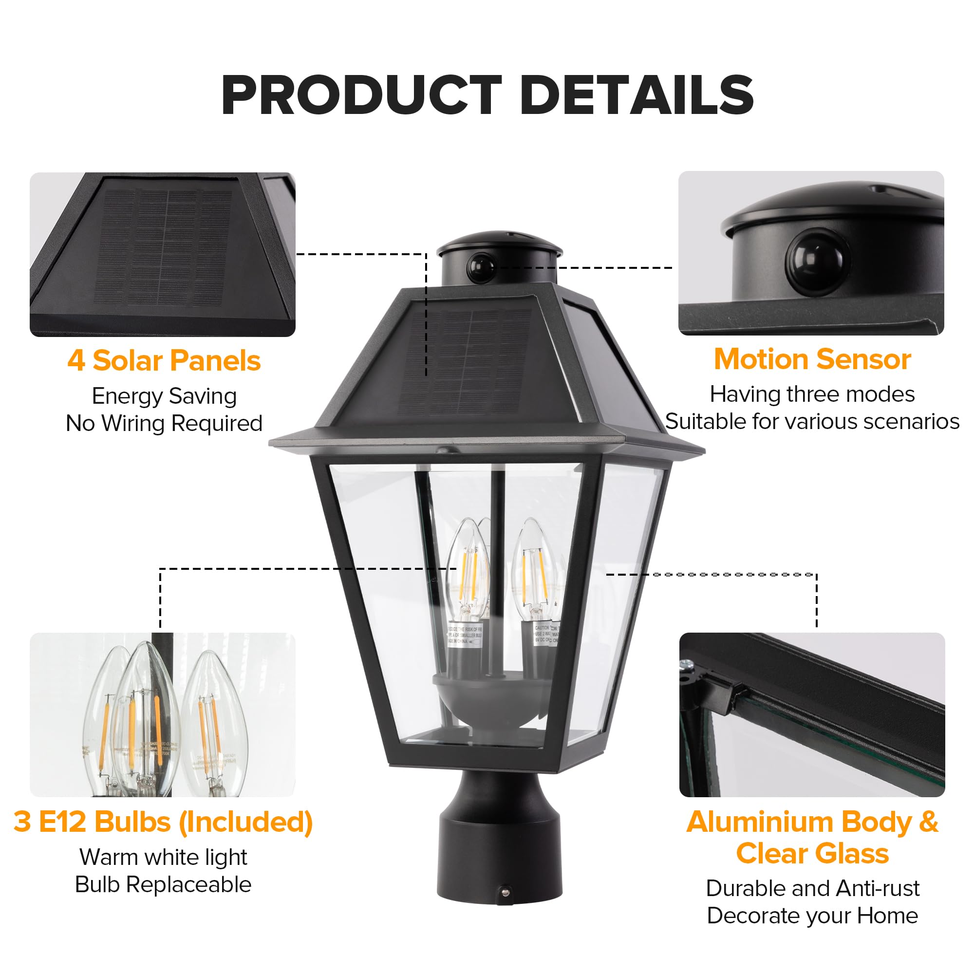 LUTEC Outdoor Solar Lamp Post Light, Motion Sensor, Dusk to Dawn, Black Aluminum, Model 6974006012, Waterproof for Exterior Use