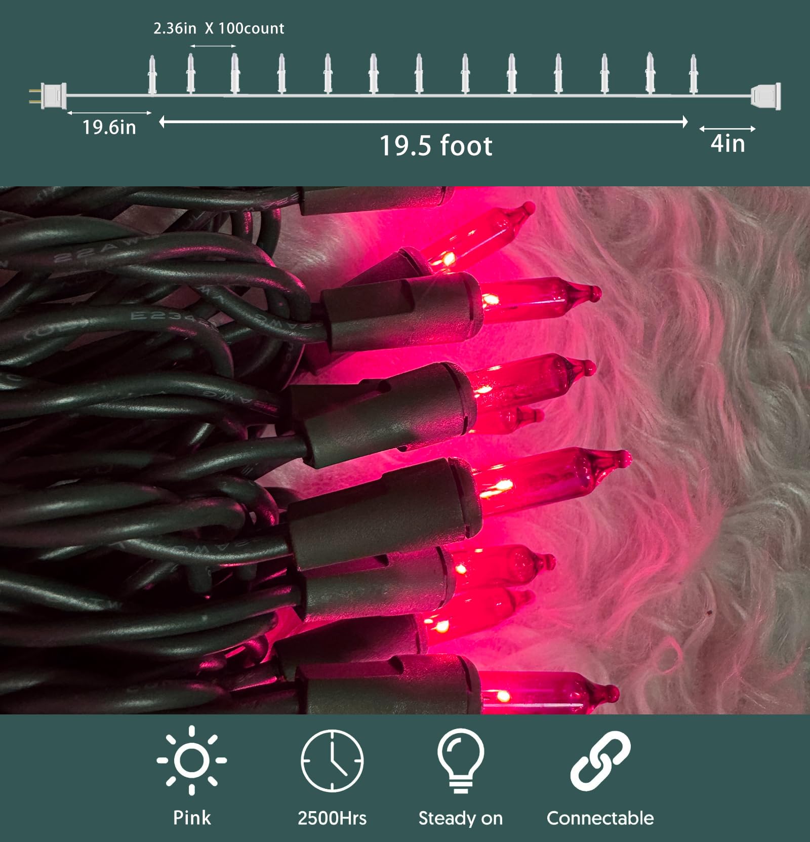 Hishiny Christmas Lights 100 Count Pink Christmas Tree String Lights With Green Wire For Outdoor Indoor Christmas Decorations Wedding Decorations Valentines Day Decor Ul Certified (21Feet)