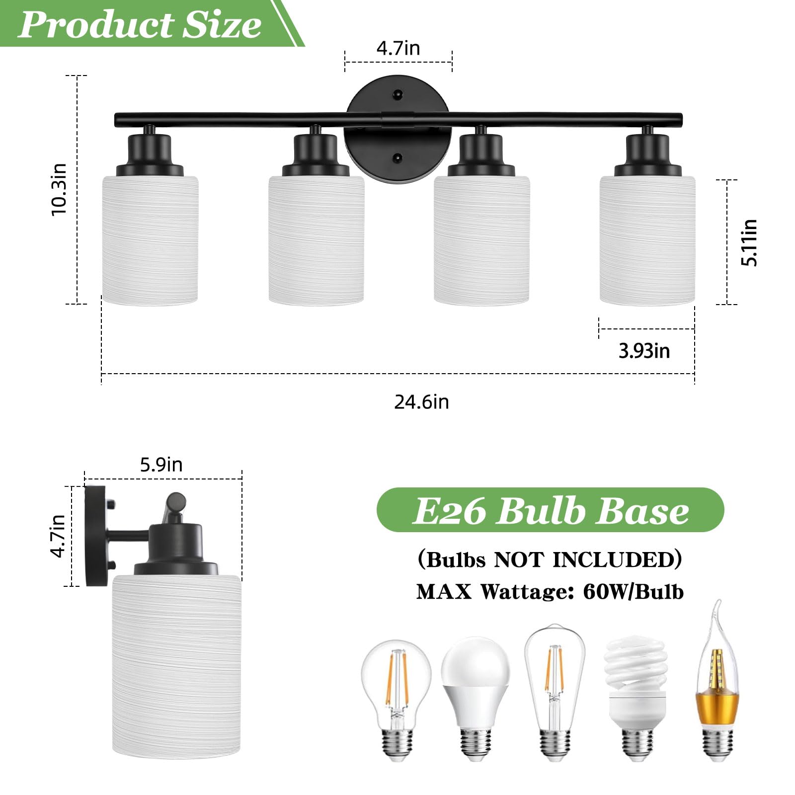 Guliaofo 4-Light Matte Black Vanity Light Fixture with Milky White Frosted Glass Shade, Model Gu-111-LWNBH-3