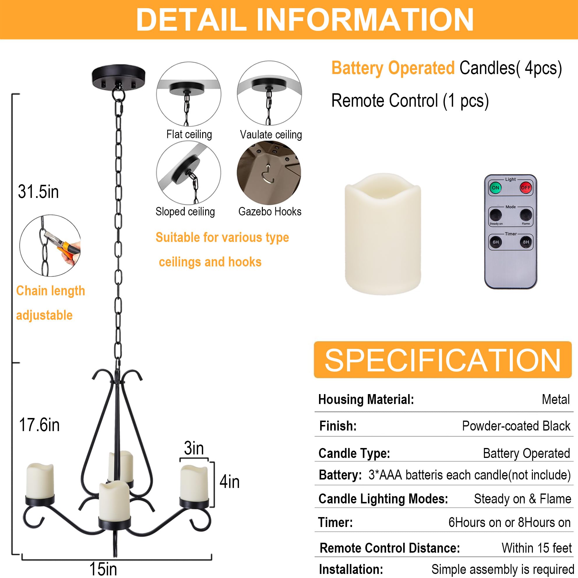 TWINKVILLA Battery Operated Chandelier - Black Metal Outdoor Pendant Light with 4 LED Candles, 15" x 14.5" x 17.6", Model KF68211