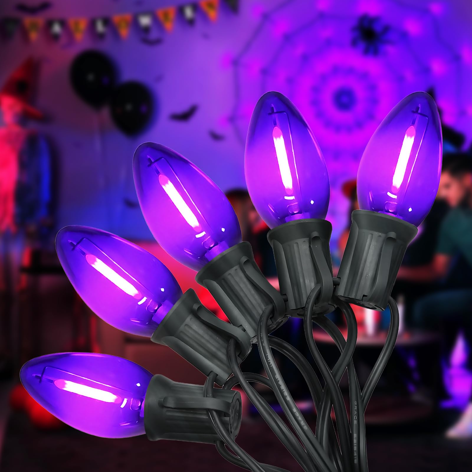 CHYSUPER C7 Christmas Lights, Led Clear Purple Halloween Outdoor String Lights, 25FT Commercial Grade Patio Light with 27 C7 Bul