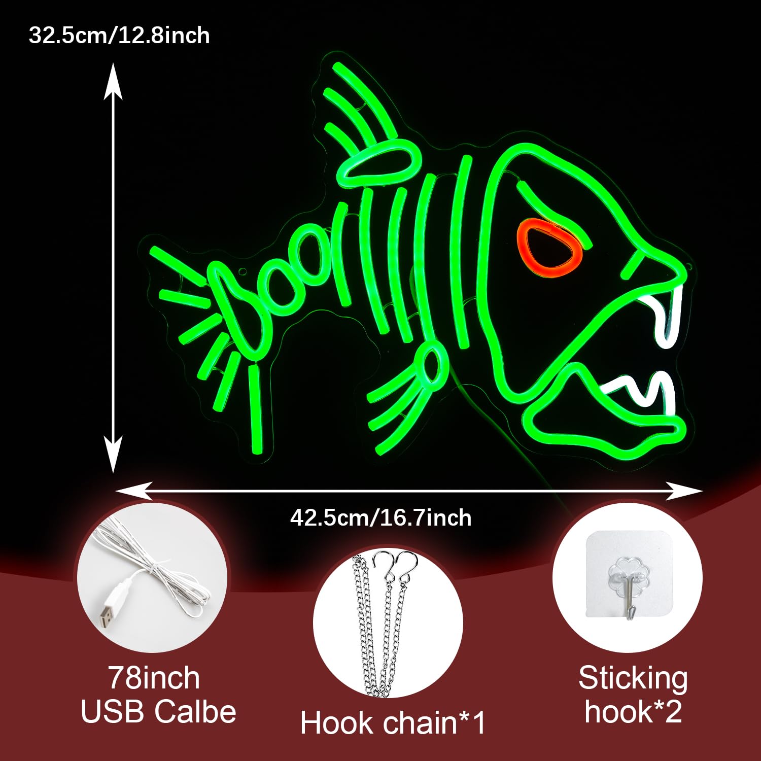 LIUOZHTEA LED Skeleton Fish Neon Sign for Wall Decor, Dimmable, Acrylic, 16.7inx12.8in, Green Red White