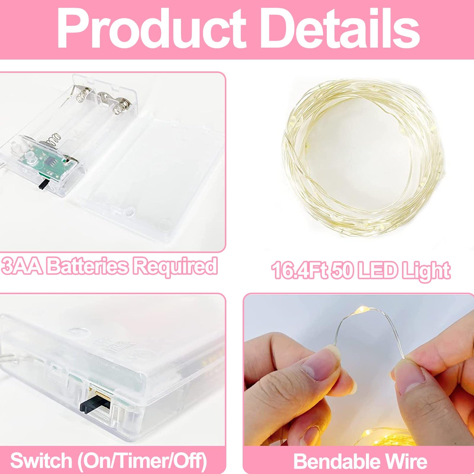 [Timer] 3 Pack Three Color -Pink & Red & White Valentines Fairy Lights Valentine's Day Decorations, Battery Operated Valentine's