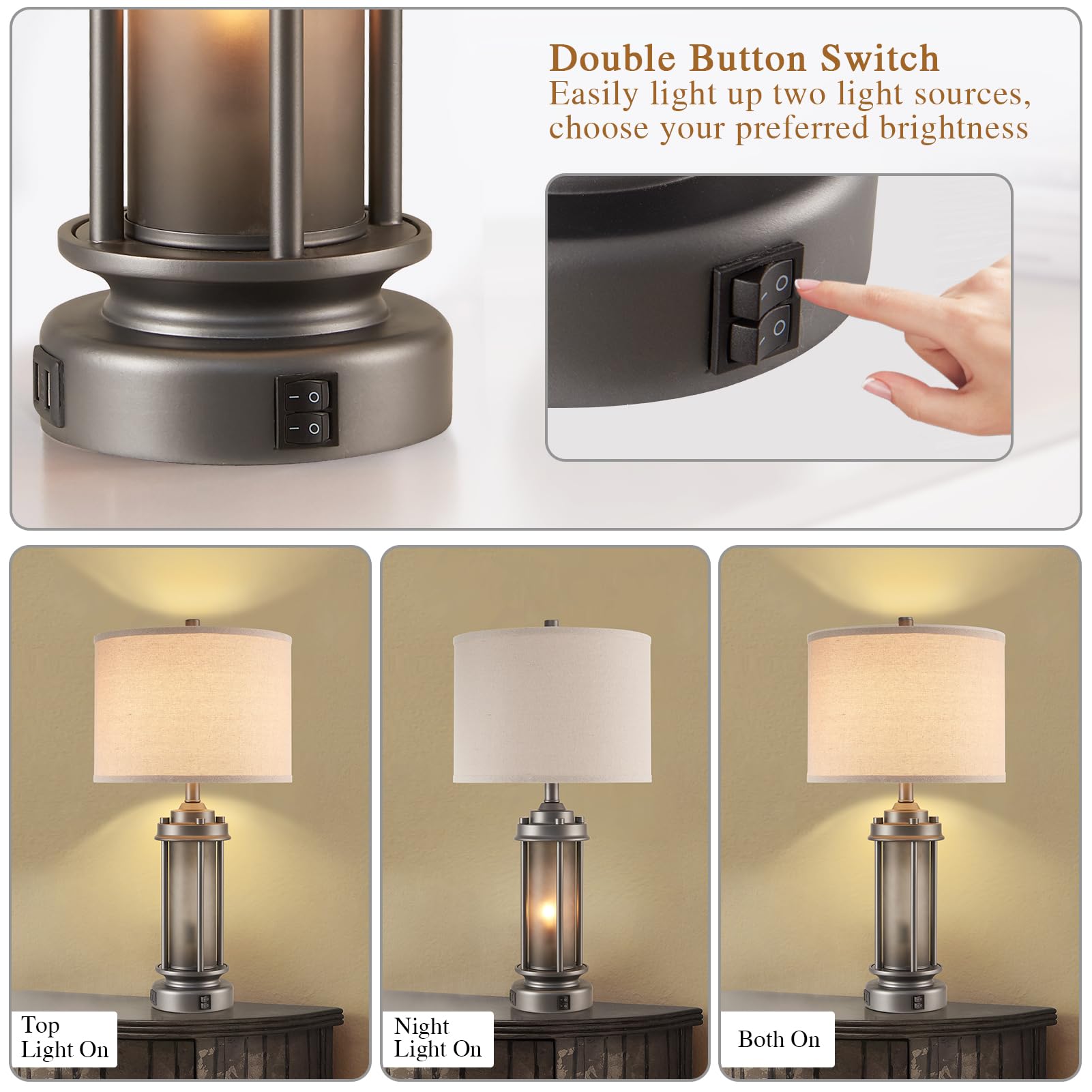 Aieampdo Industrial Metal Table Lamps Set Of 2 Living Room Bedroom, 2 Usb Ports Bedside Lamp With Glass Nightlight, Modern Desk