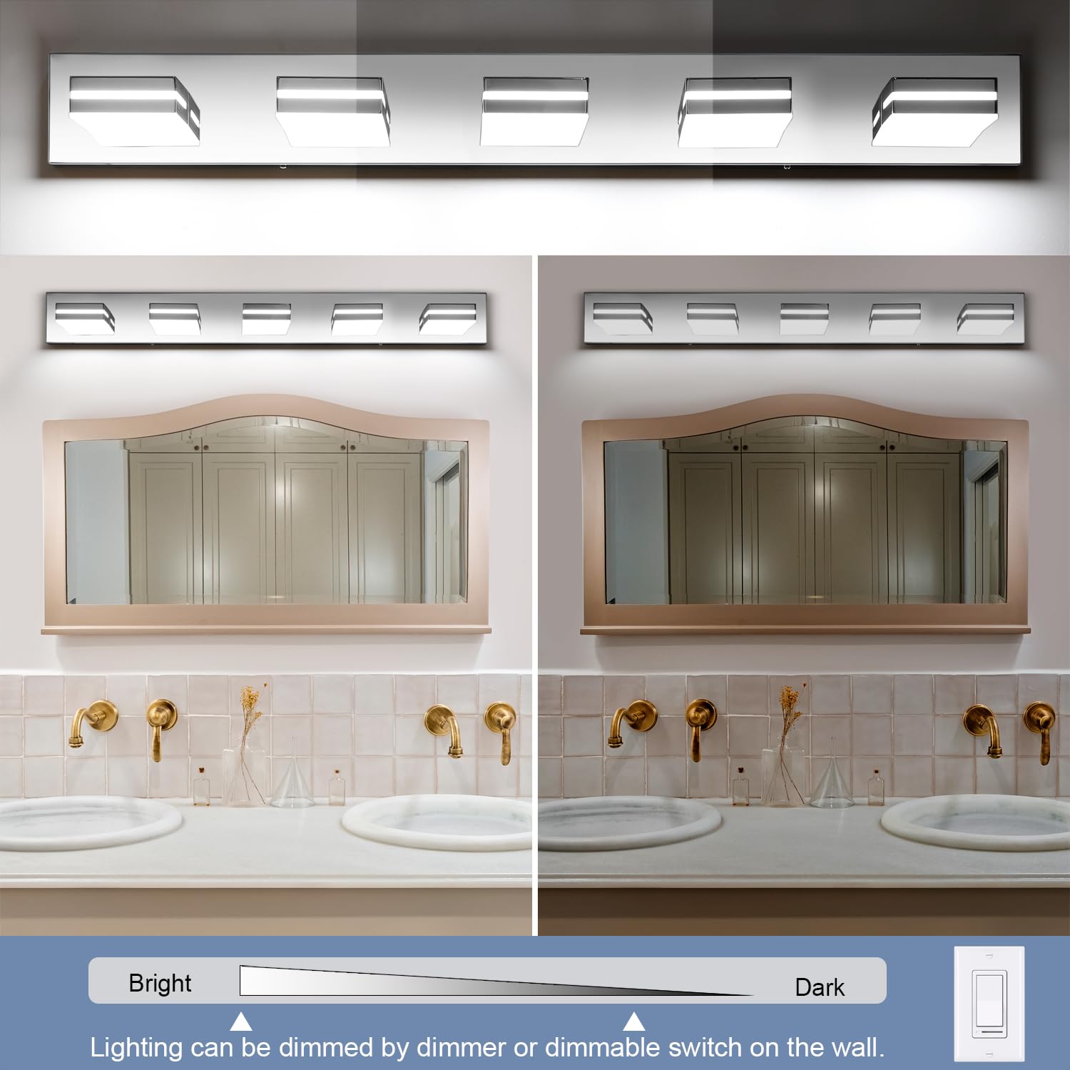 SineRise 5-Light LED Bathroom Vanity Light Fixture, 40-Inch, Dimmable, Chrome Acrylic, Model H0001-20, Cool White 6000K