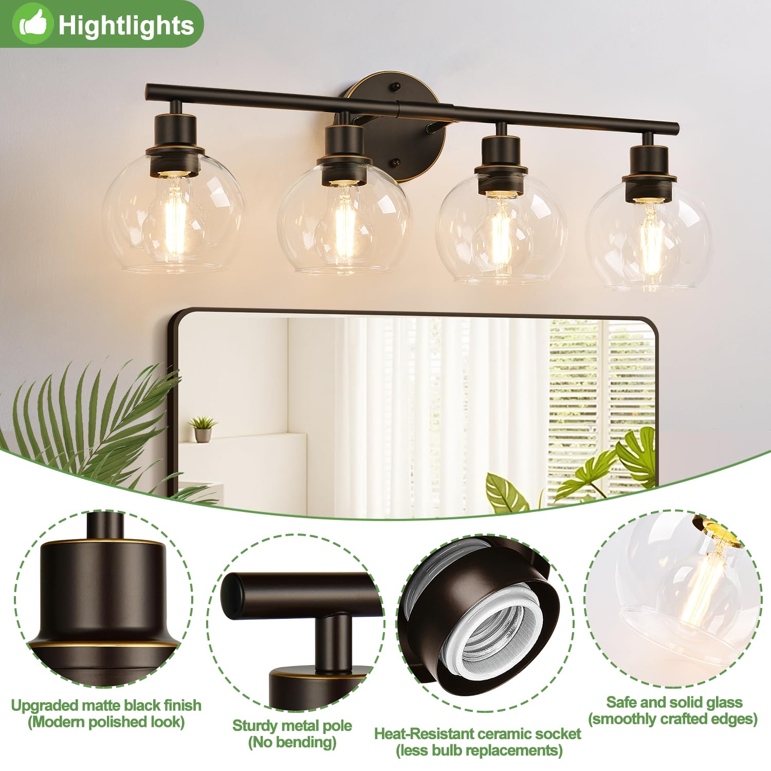 Indoi 4-Light Bathroom Light Fixtures, Oil Rubbed Bronze Bathroom Lights Over Mirror With Clear Glass Globe Shade, Vanity Lights