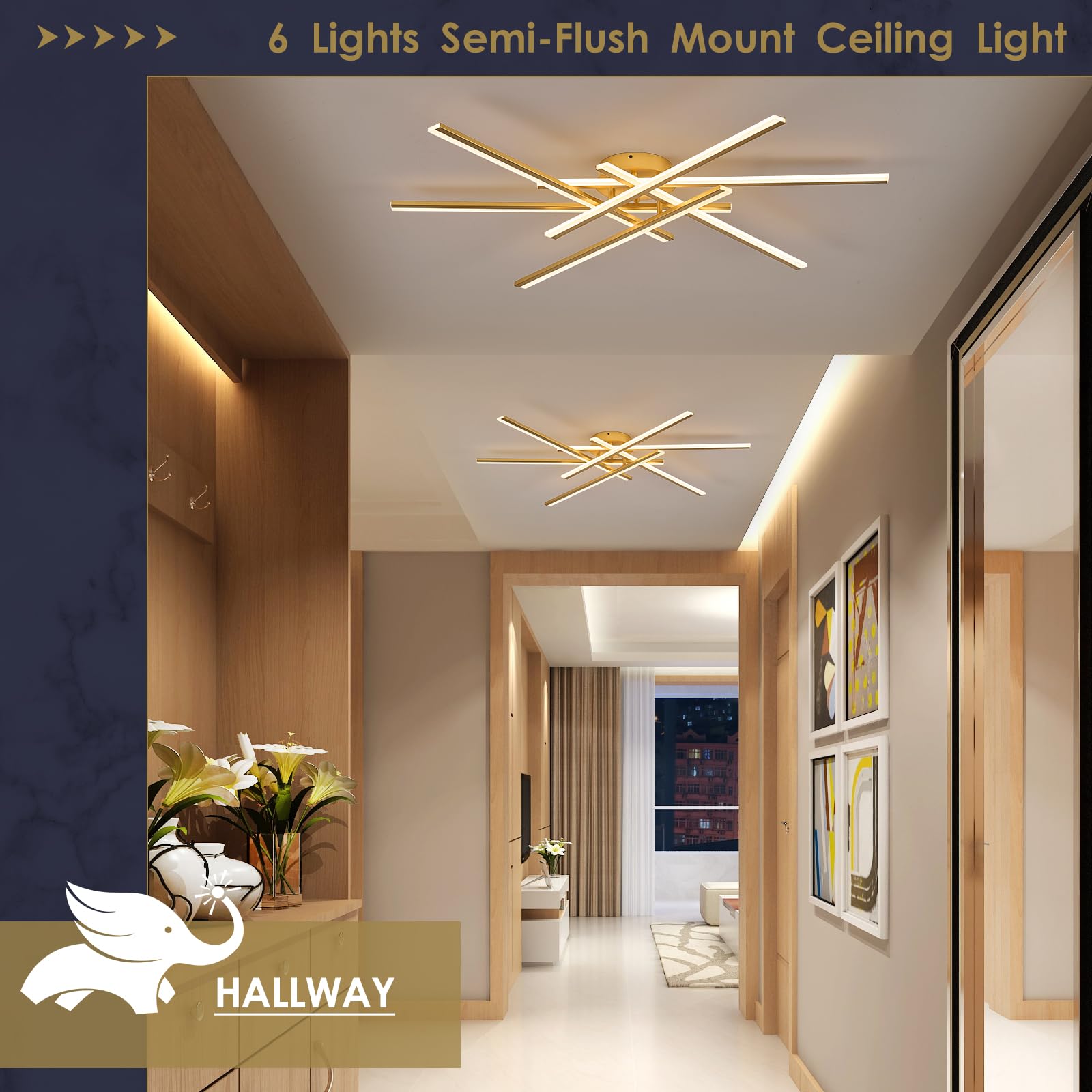 Airyphant 6-Lights Led Chandelier Modern Semi-Flush Mount Ceiling Light 44 Remote Control Ceiling Lighting Fixtures For Living Room Bedroom Kitchen Foyer