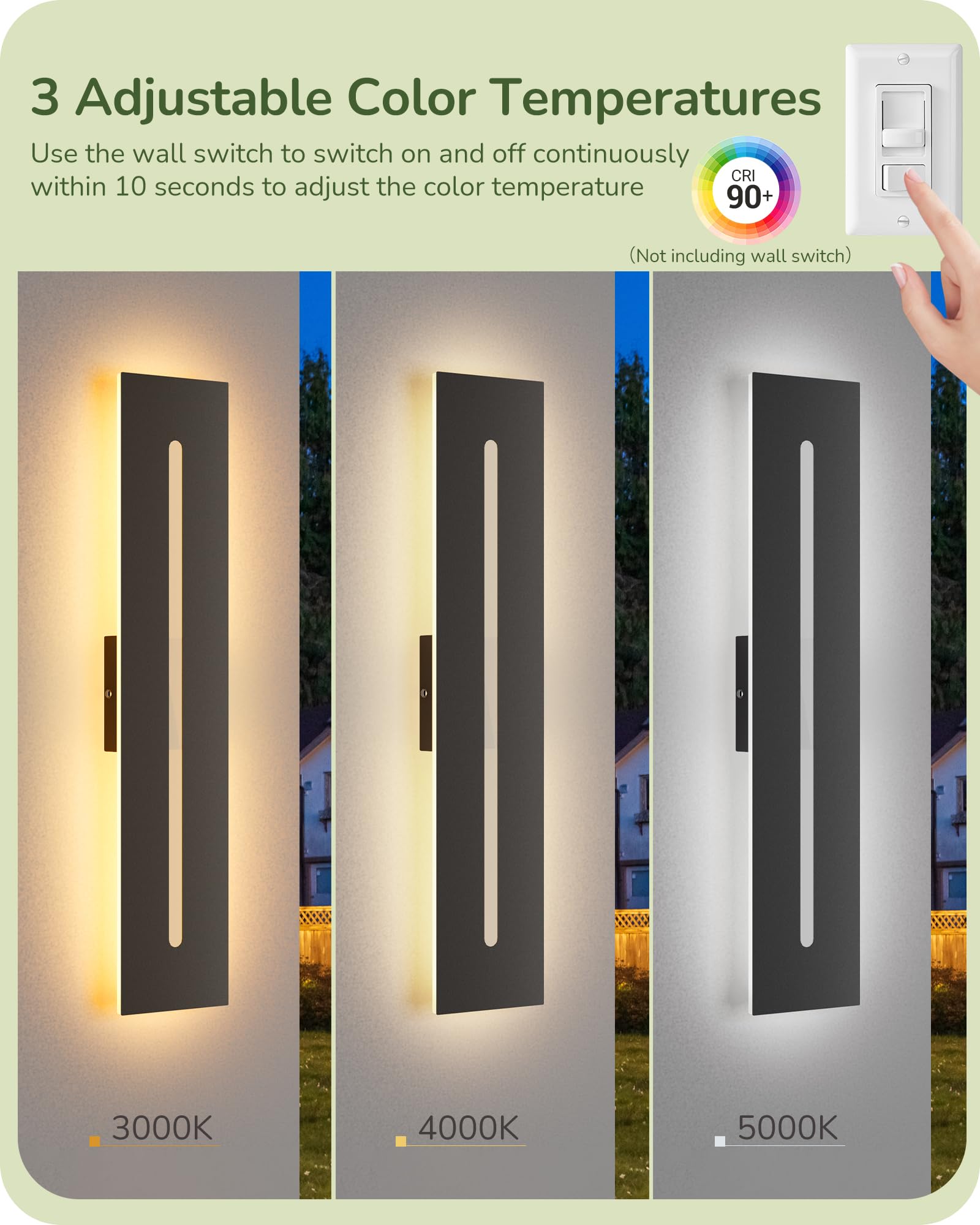 EDISHINE 23.6 Long Modern Outdoor Wall Lights, 2 Pack Rectangular Wall Mount Lighting Fixture, Iron & Acrylic, 3CCT, IP65 Waterp