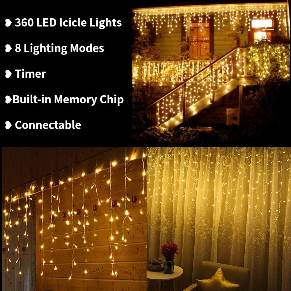 Toodour Christmas Icicle Lights, 360 LED 29.5ft, 8 Modes, Warm White, Model LED08230360, Outdoor Fairy Twinkle String Lights