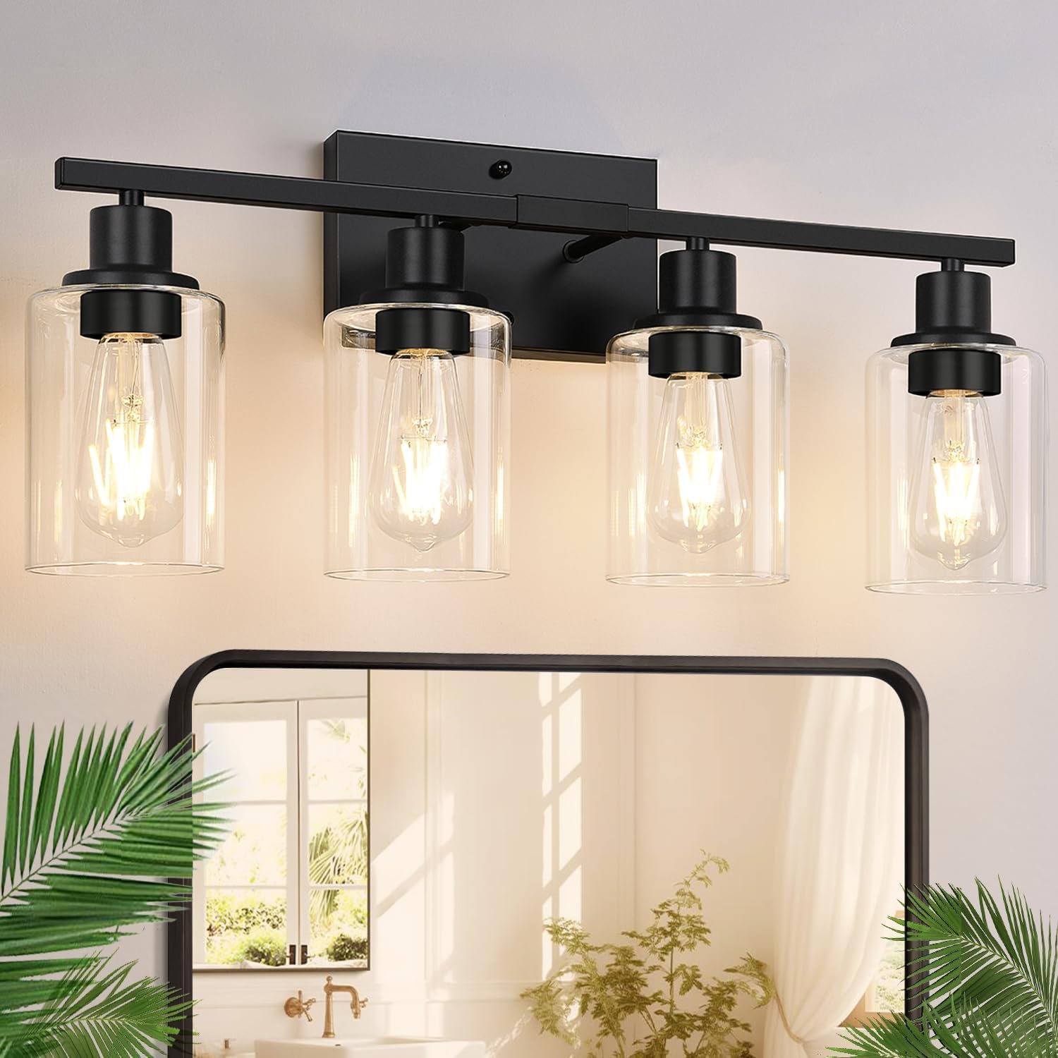 Indoi 4-Light Bathroom Light Fixtures, Matte Black Modern Vanity Lights With Clear Glass Shades, Bathroom Wall Lamp For Mirror L