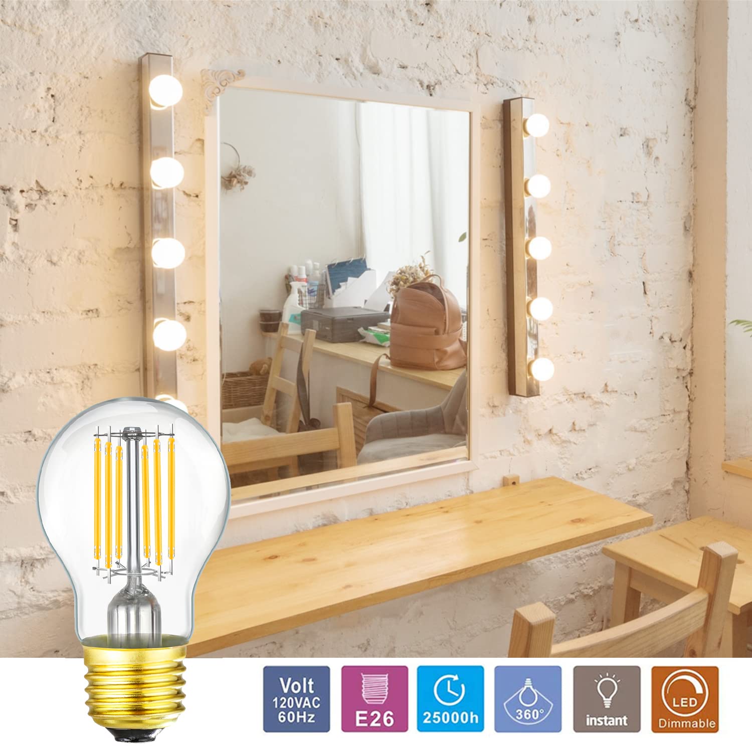 Leools Dimmable E26 Edison Bulb A15 8W Soft White 3000K Glass 6-Pack