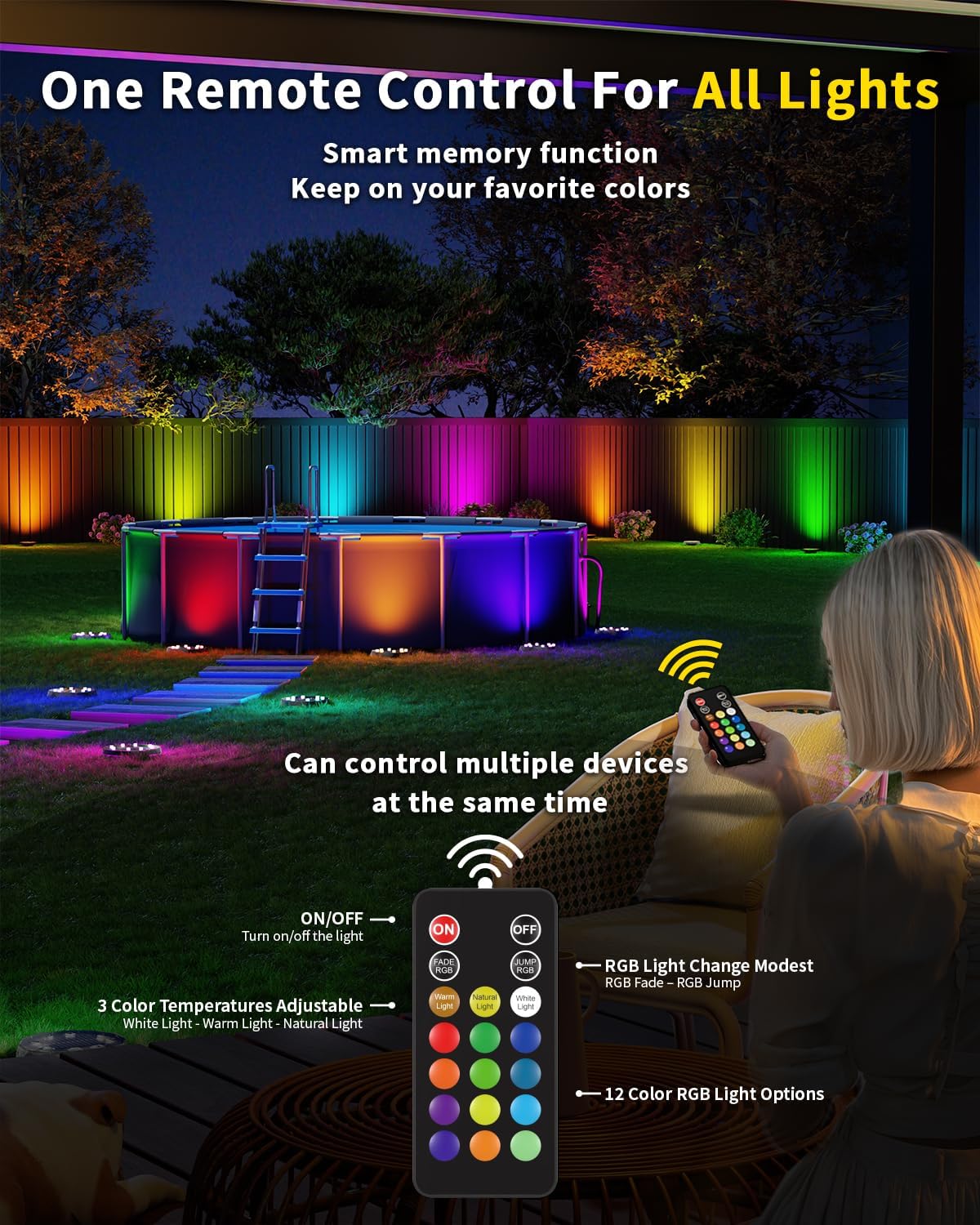 Solar Ground Lights with Remote Control 50ft,IP67 Waterproof Solar Garden 15 Multi Color Lights,RGBYW Solar Powered Outdoor Land