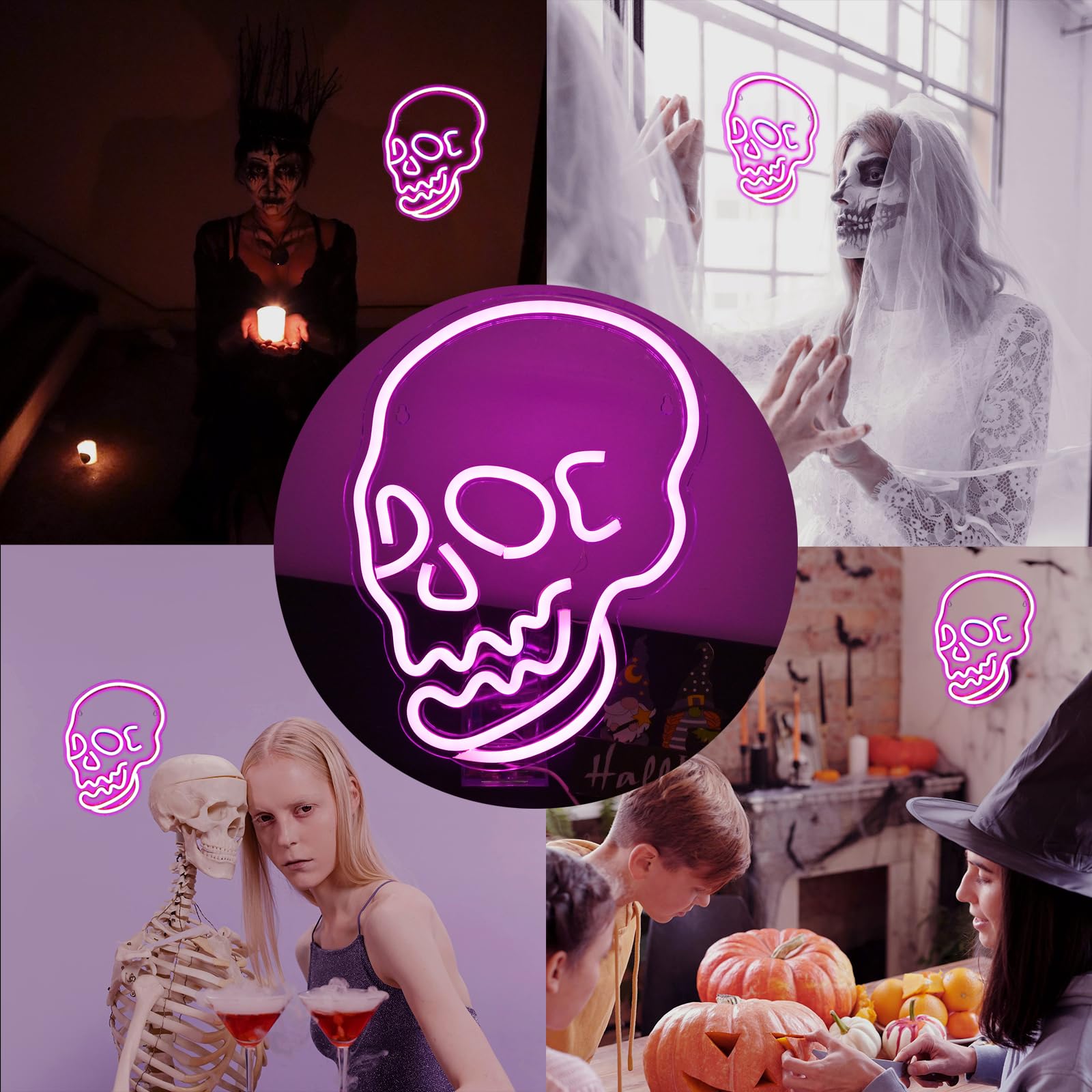 Wanxing Halloween Neon Sign Pink Led Sign Skeleton Skull Neon Light Ghost Led Neon Sign USB Powered Switch Light up Sign Neon Si