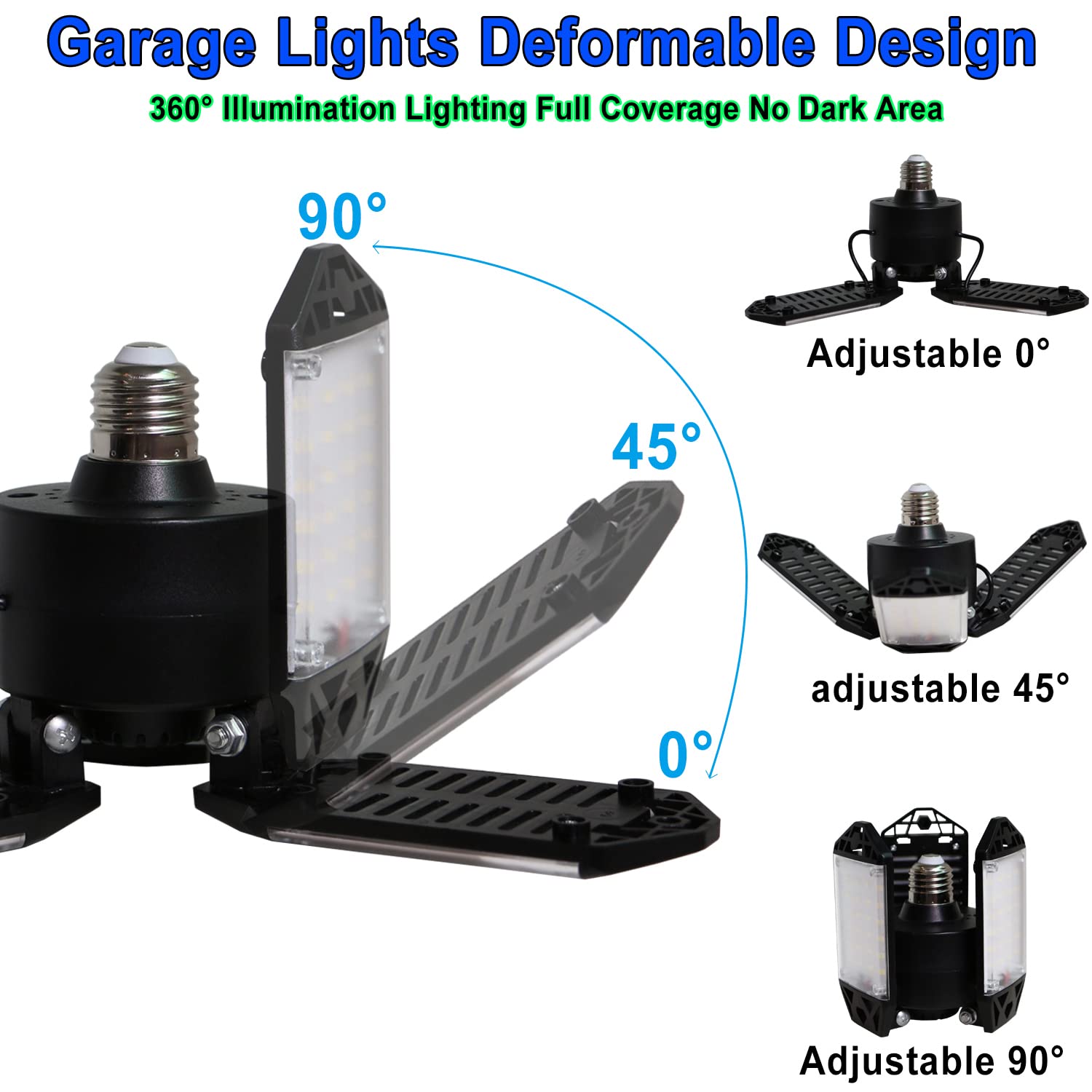Meiqils 150W LED Garage Light, 4-Pack, 4+1 Adjustable Panels, 15000 Lumen, Black