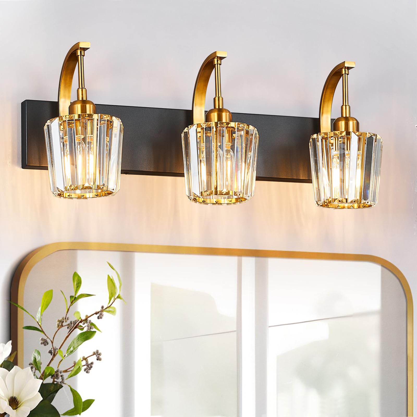 Fdpby Modern Bathroom Vanity Light  3-Light Black Gold Wall Sconce With Crystal Accents  Over Mirror Bathroom Lighting Fixture  23.62 Long Dimmable Vanity Lamp For Makeup  Easy Installation