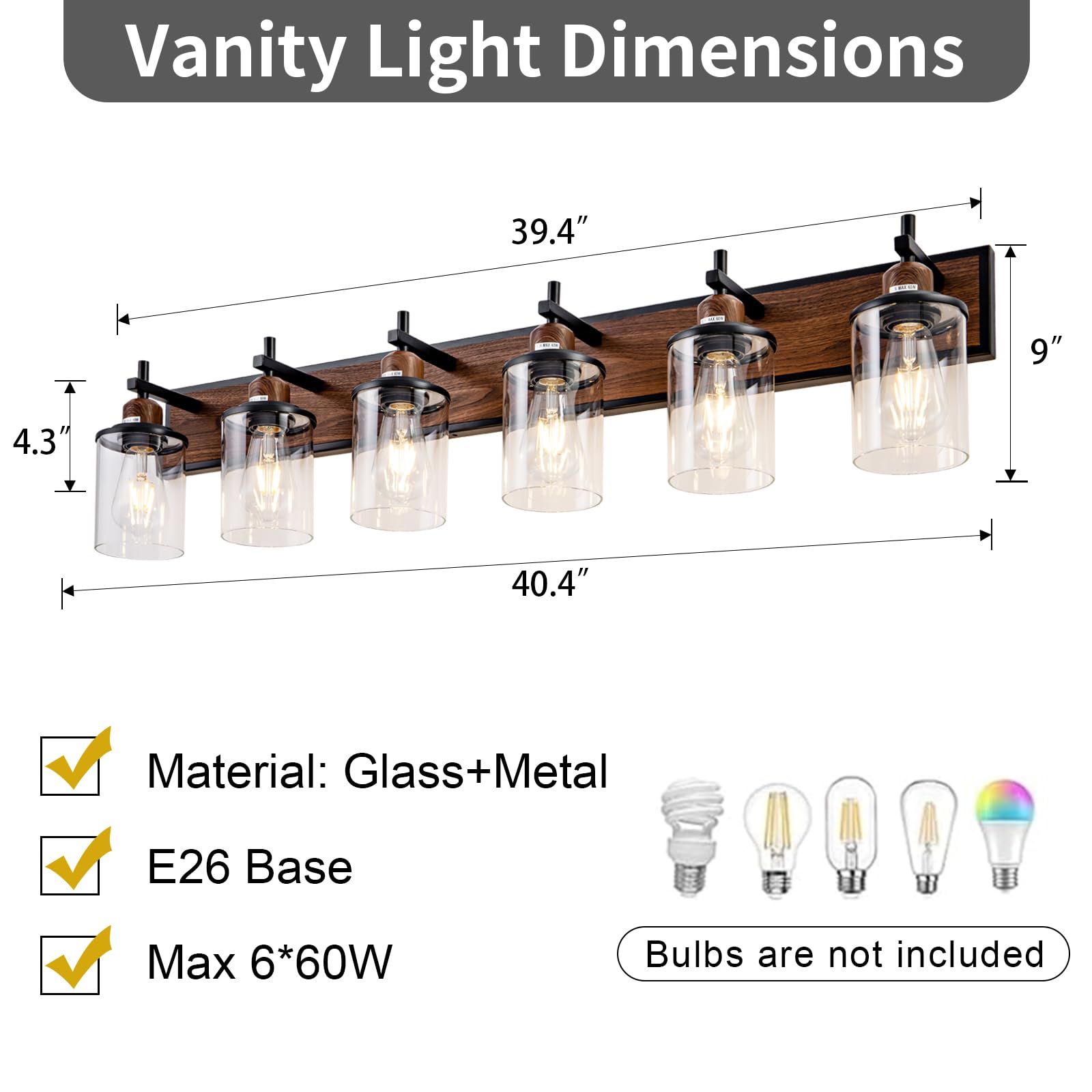 Lanhall 6-Light Farmhouse Bathroom Light Fixtures Vintage Bathroom Vanity Lights Over Mirror Black And Wood Painted Metal Vanity