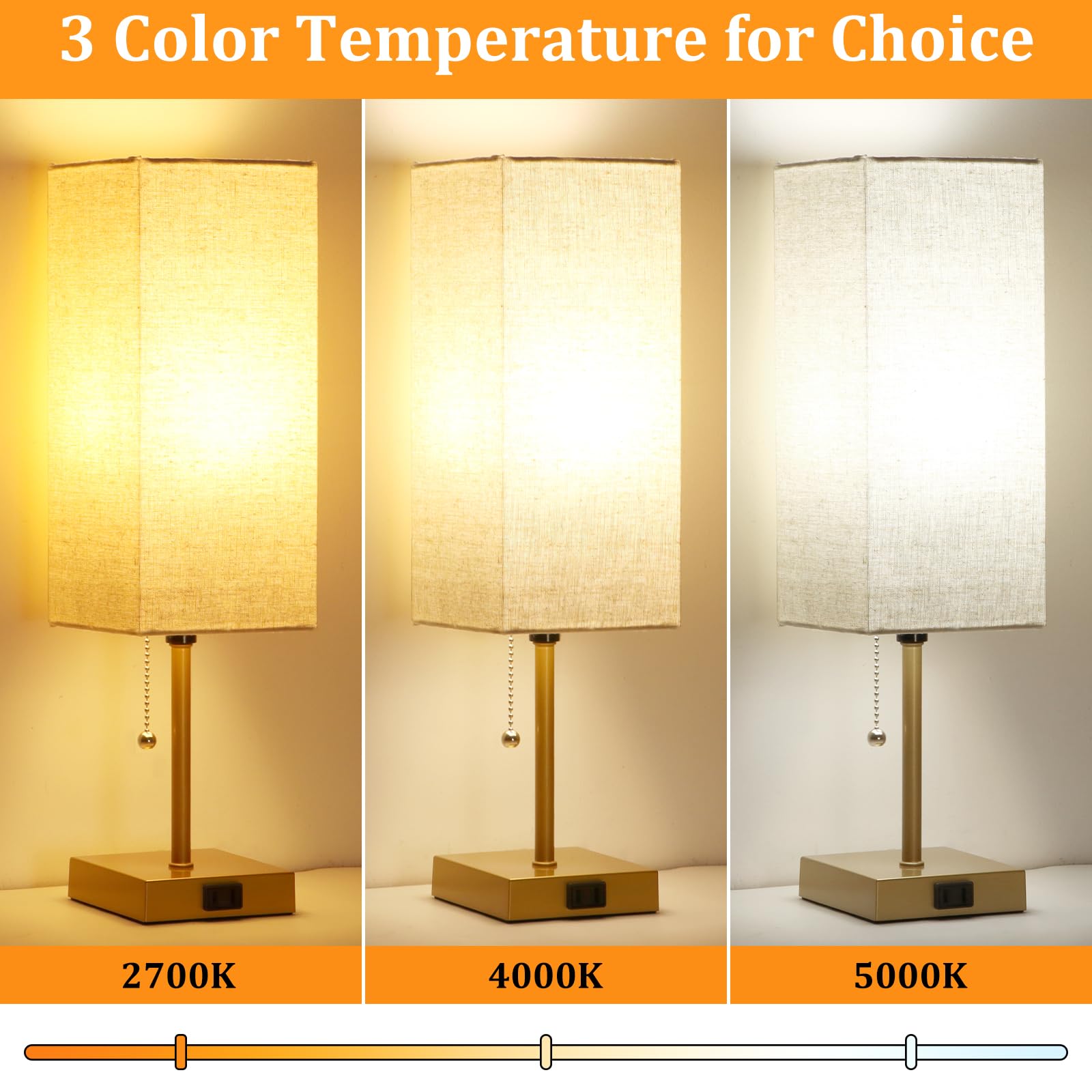 Dott Arts Table Lamp Set of 2, 18in Gold Linen, 3-Color with Pull Chain, AC Outlets, Model PTL6W-028