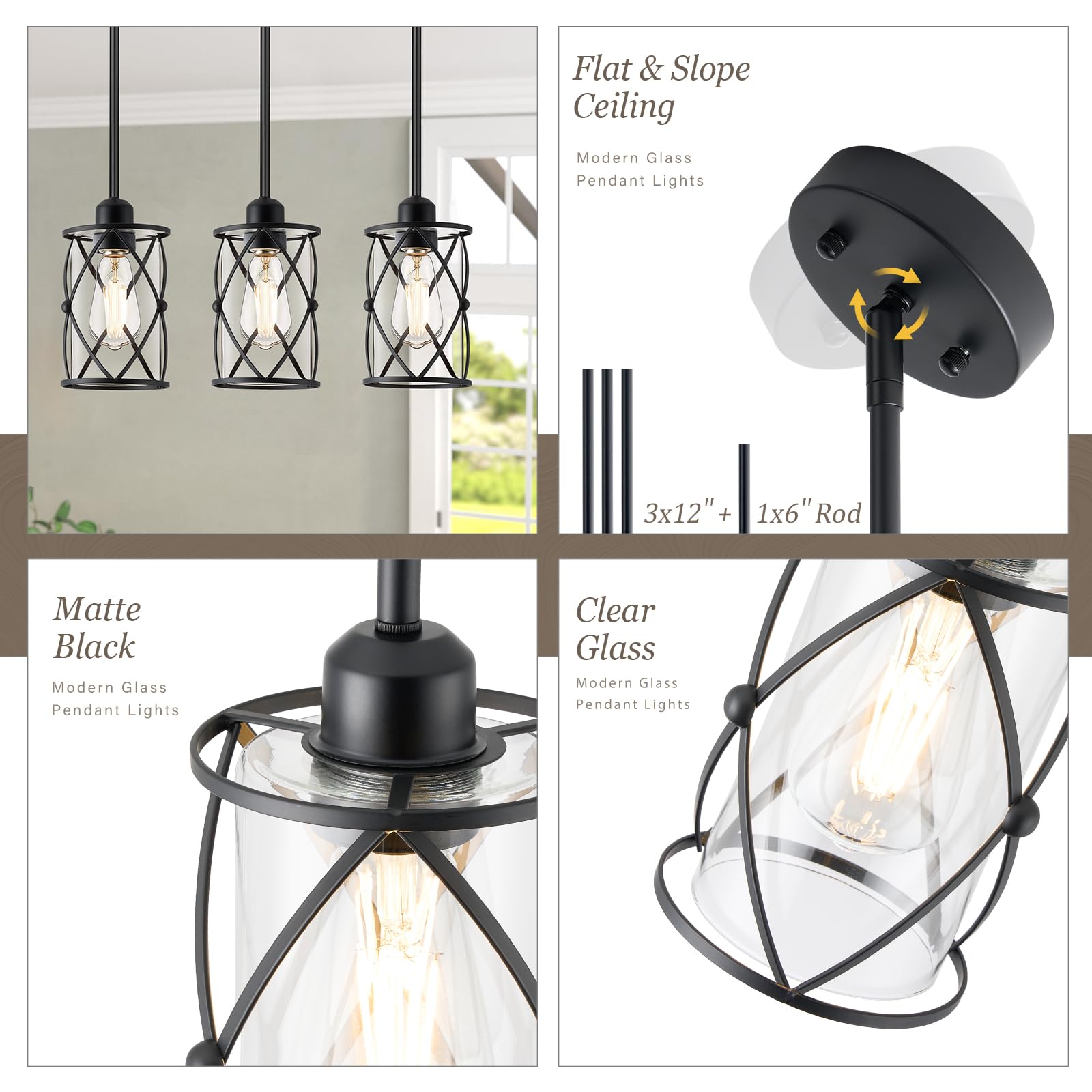 Osimir Black Glass Pendant Lights - 3 Pack Modern Mini Hanging Light for Kitchen Island, Dining Room, Model CH9176BK-3PK