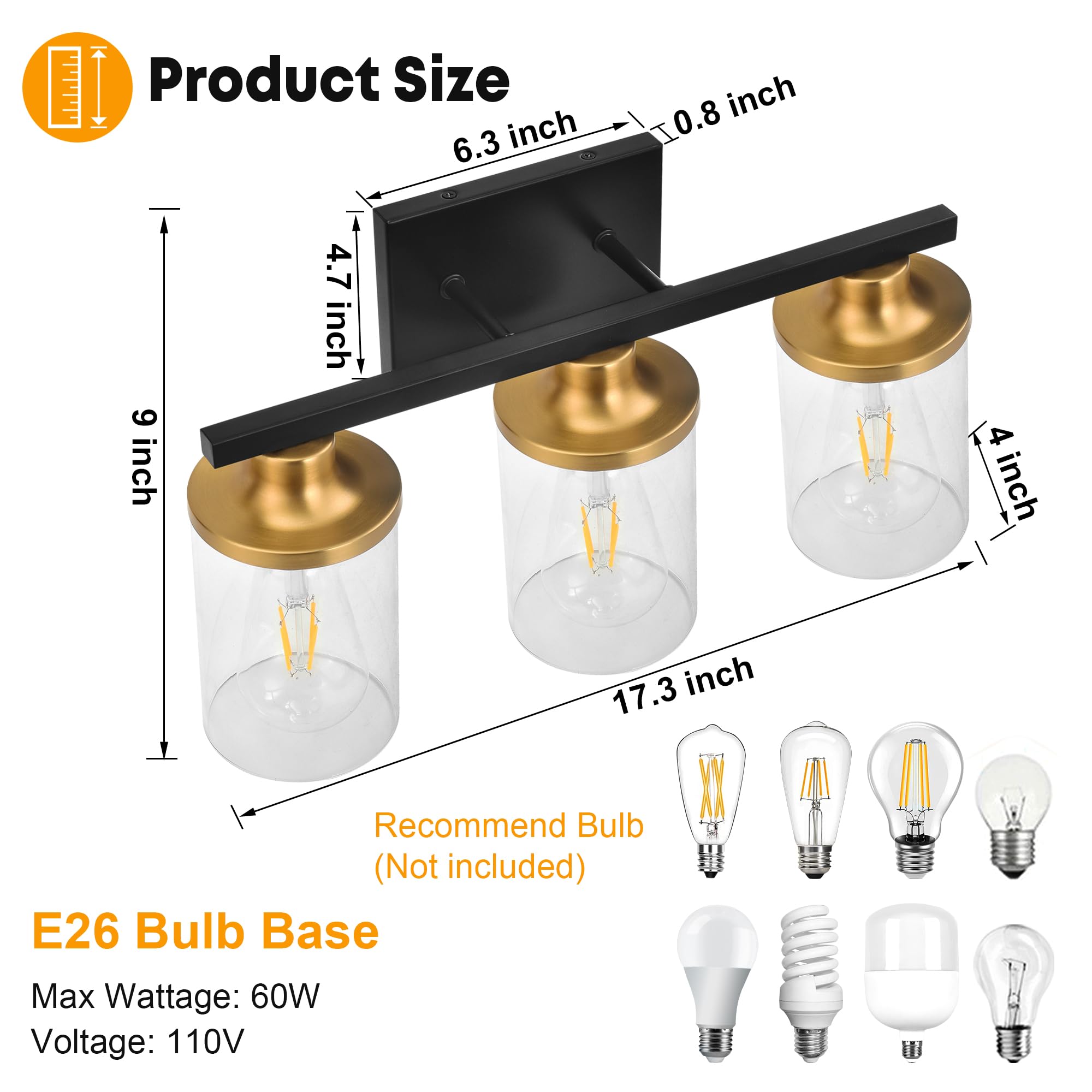 Grower 3 Light Bathroom Light Fixtures, Black Vanity Light For Bathroom, Bathroom Vanity Lights Over Mirror With Clear Glass Shade, Vanity Lighting Fixtures, Wall Lamp Sconces For Bedroom, Porch