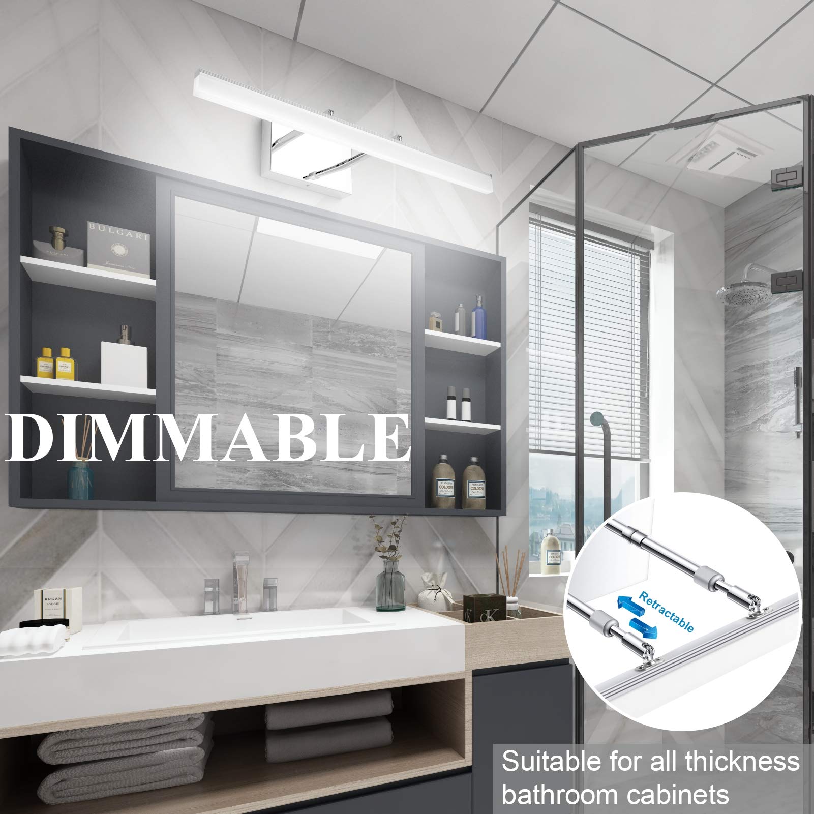 Aipsun 24" Dimmable LED Vanity Light Fixture - Polished Chrome, Stainless Steel Base, Model 6480-14W
