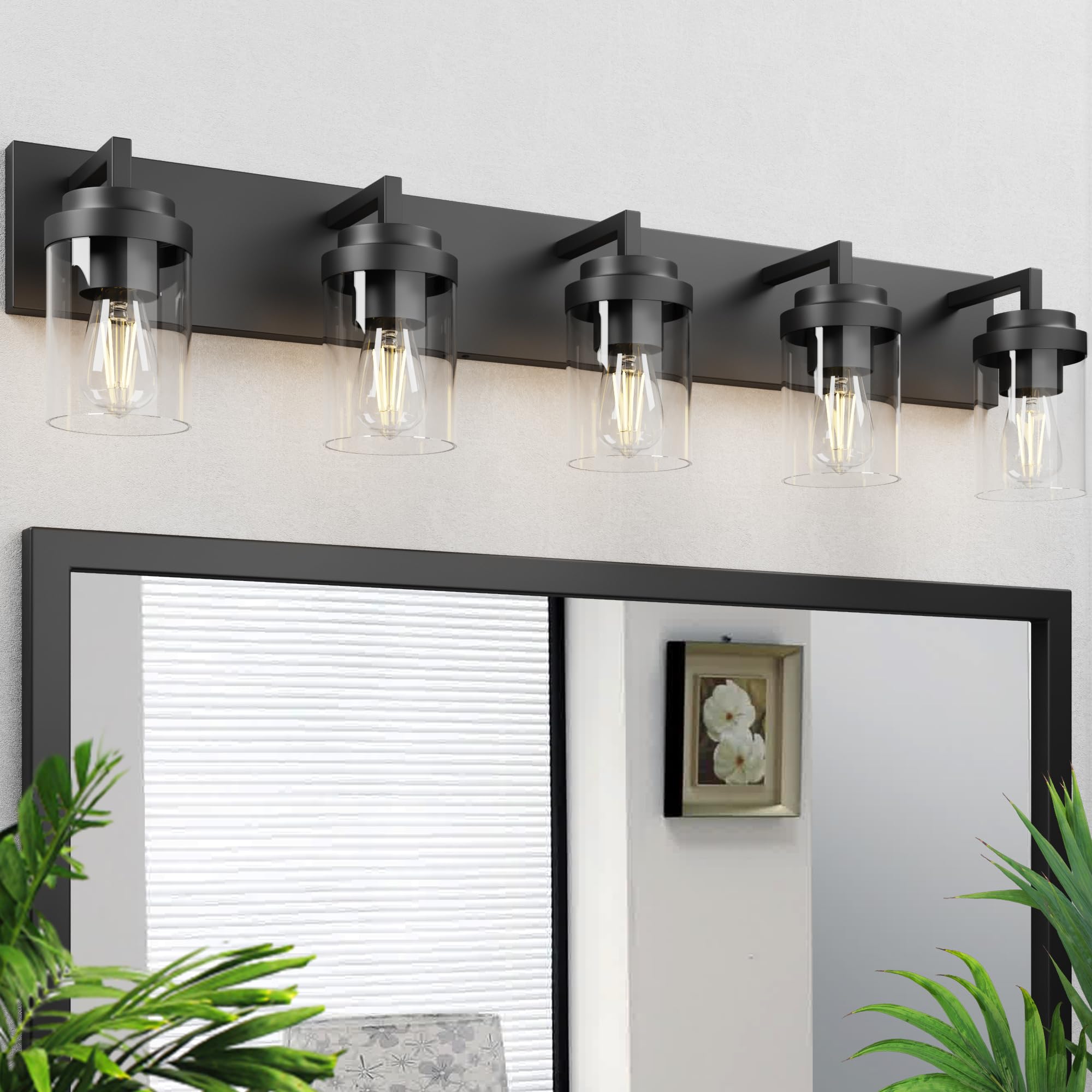 Espird 5-Light Bathroom Vanity Lights, Black Metal Fixture with Glass Shade, Model L08-5-BK