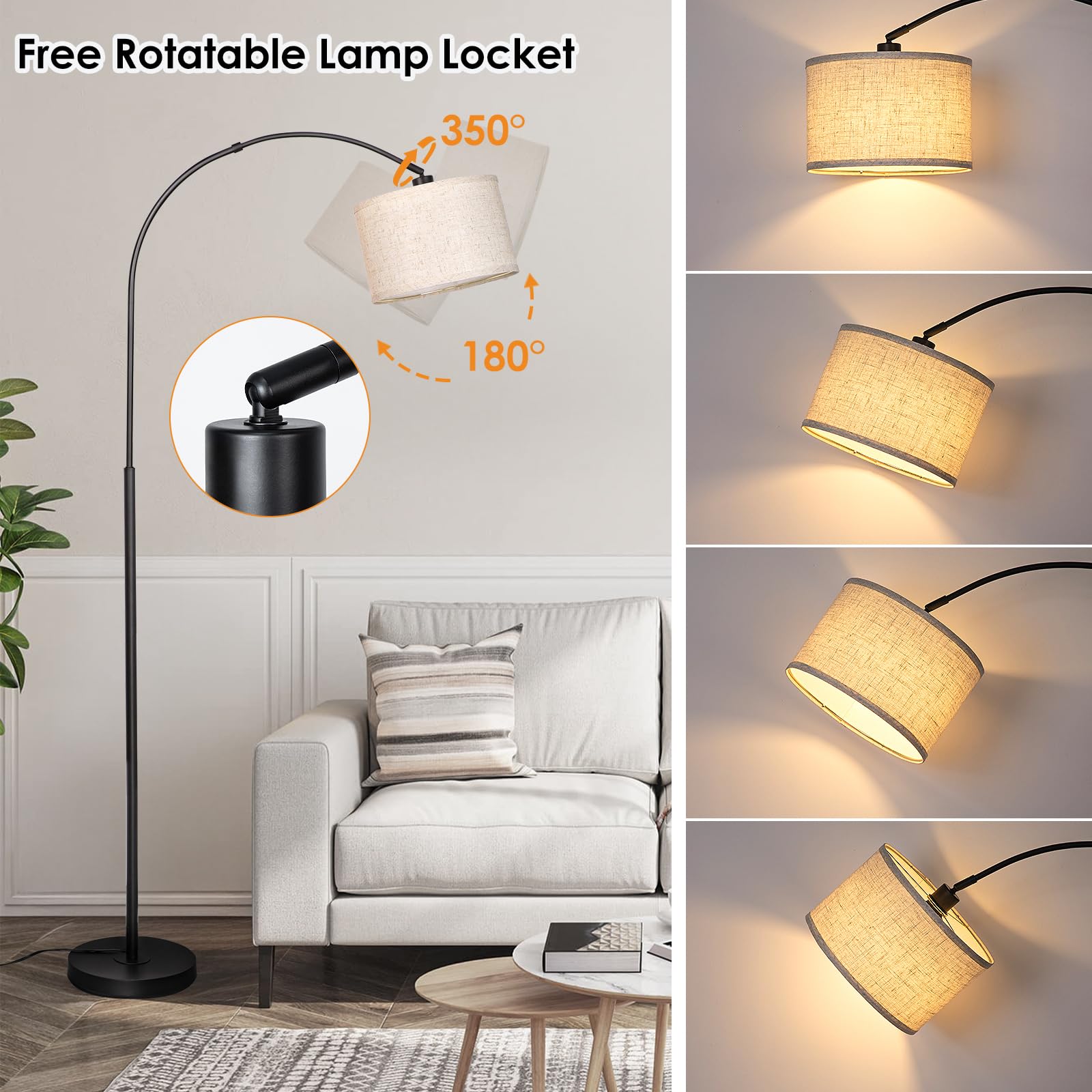 Qingmiao Arc Floor Lamp, Modern Dimmable Standing Lamp With Remote, Black Metal Shade, Foot Switch, Ideal For Living Room Or Bedroom