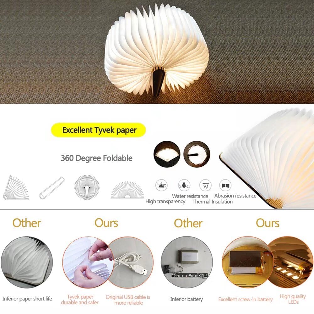Anwick Lamp Book Large Size Folding Mood Light, Novelty Led Night Light, Usb Large Capacity Rechargeable Wooden Table Lamp