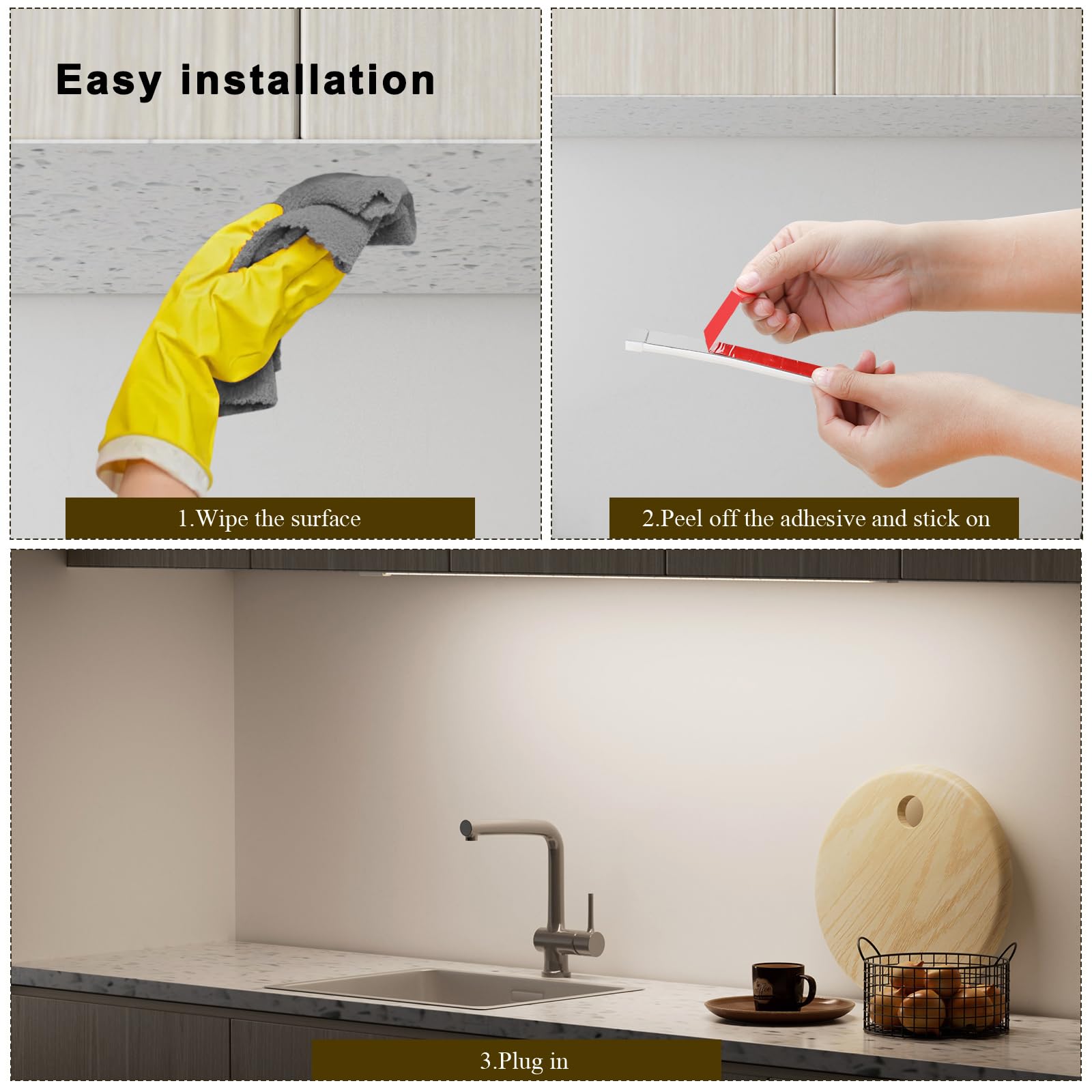 Under Cabinet Lights Plug In Cuttable 40 Inch Hand-Wave Ultra-Bright 1090Lm 3-Color Flexible Silicone Slim Stick On Undercabinet Led Light Strip For Kitchen Counter / Sink  Under Shelf & Desk Lighting