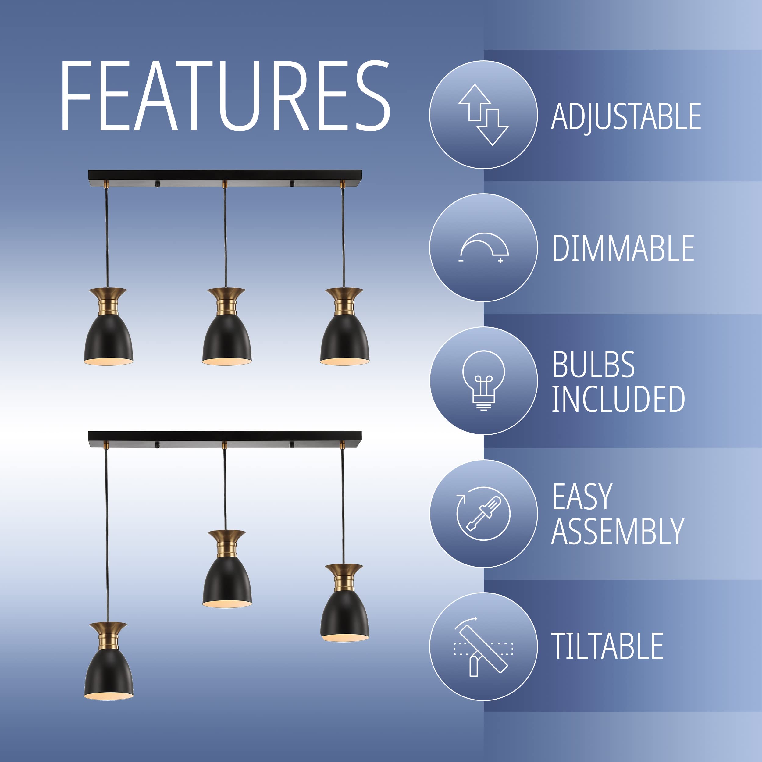 JONATHAN Y Edison 3-Light Metal Pendant Light, 33.25in, Dimmable, Black/Brass Gold, Model JYL6138A