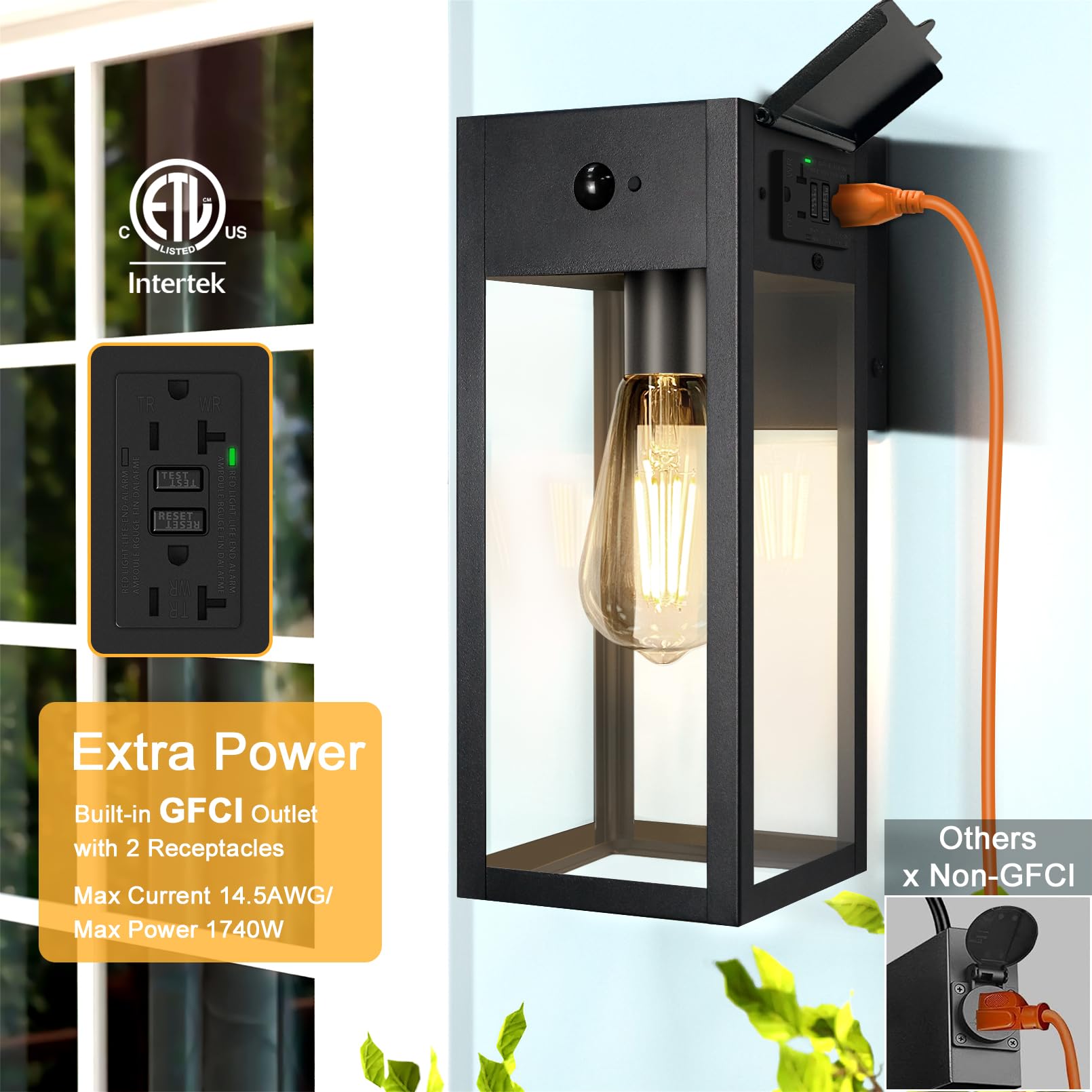 OYKYOHEI Porch Lights with GFCI Outlet, Dusk to Dawn Sensor, Waterproof Metal Wall Sconce, 11.88" Black, 1-Pack