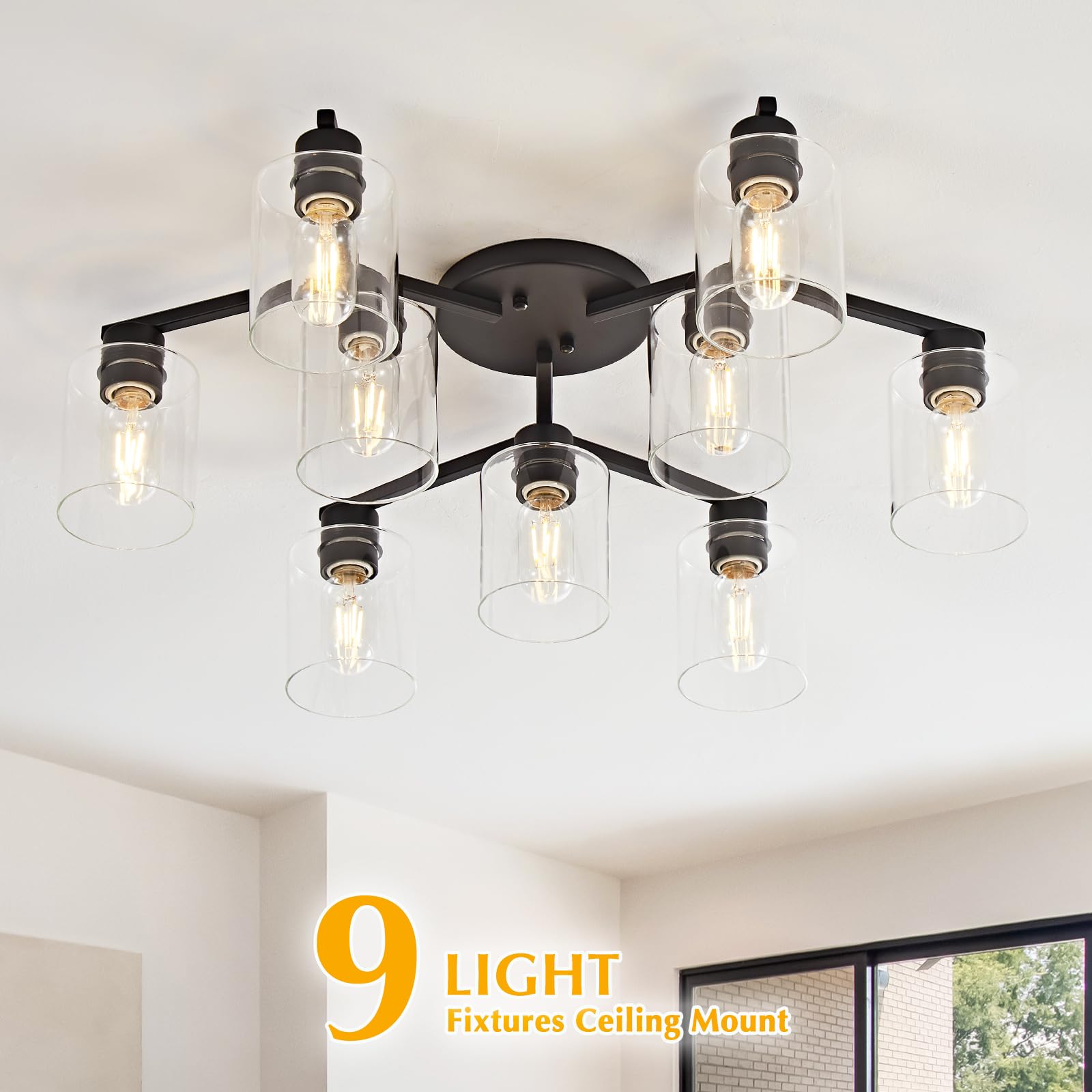 9 Light Kitchen Lighting Fixtures Ceiling Black Semi Flush Mount Ceiling Light Fixture Large Living Room Lighting Cieling Lamps For Dining Room Living Room Light Fixture With Clear Glass Shades