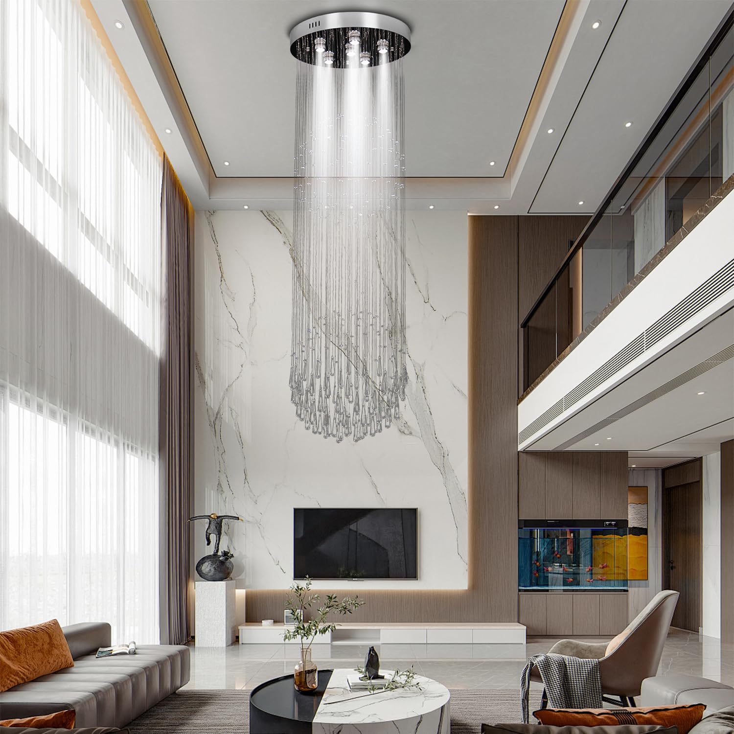 Finktonglan 62.9-In Crystal Chandelier For High Ceilings Raindrop Sphere Chandelier Ceiling Light Pendant Lamp For Stairs, Foyer