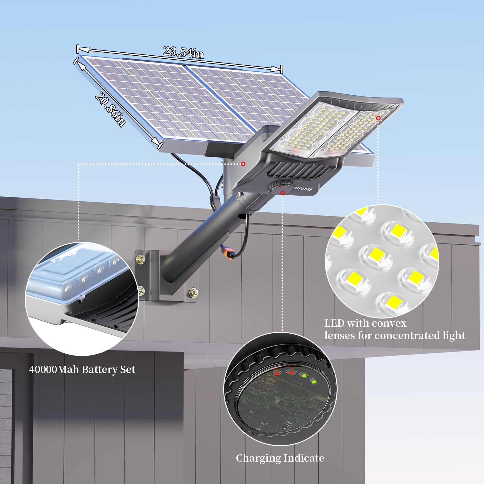 Ofuray Of-8800W Solar Street Light, IP67 Motion Sensor, 6500K LED, Dusk to Dawn, Remote Control, Black