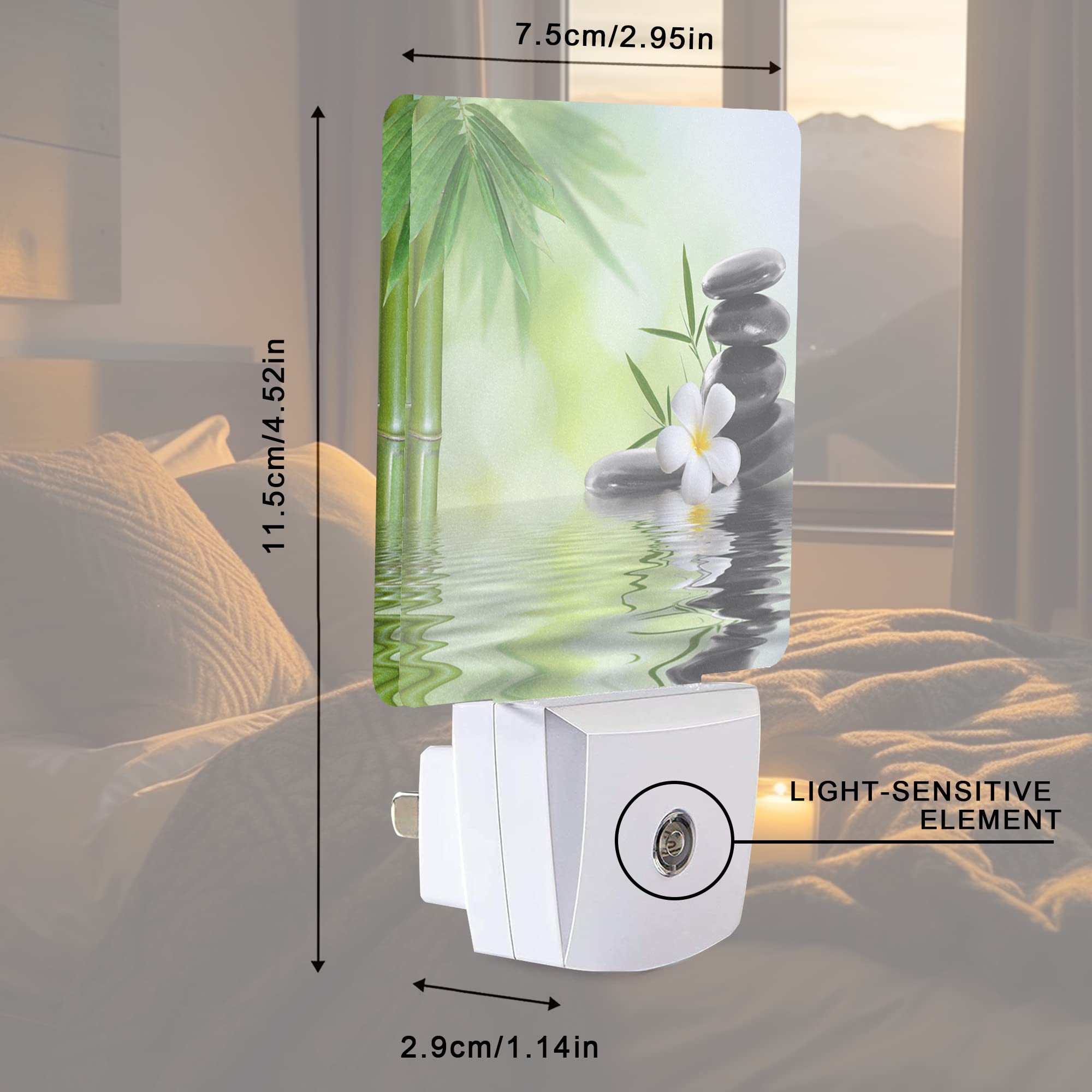 Smoaffly LED Night Light - Zen Stones Bamboo Tree Jasmine Flower, Plug-in Auto Sensor, Dusk-to-Dawn Lamp for Nursery and Home Decor