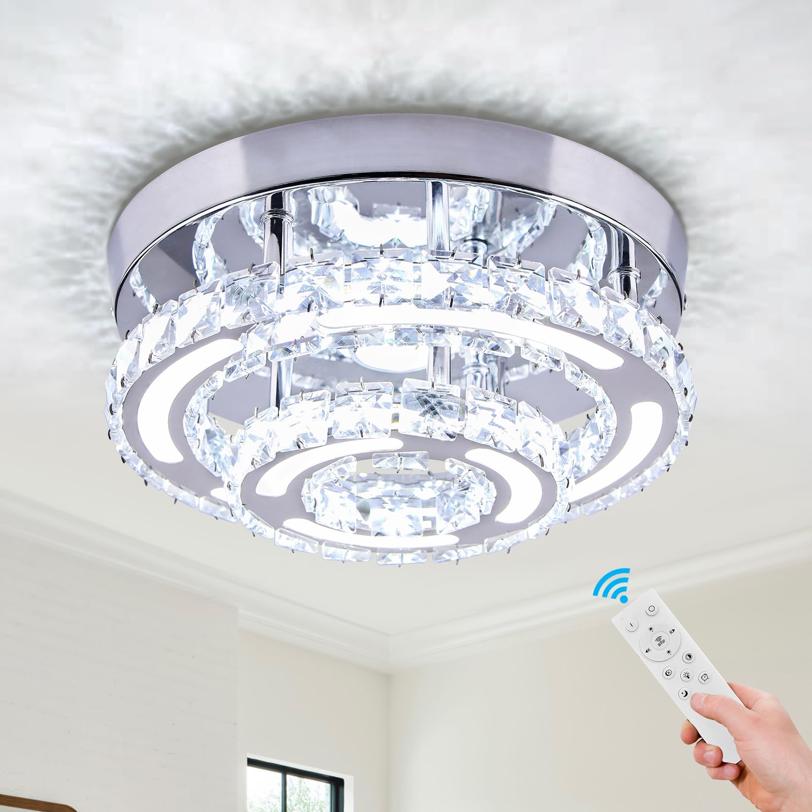 CXGLEAMING 11.4in Dimmable Crystal Chandelier LED Flush Mount Ceiling Light Fixture for Bedroom, Dining Room, Kitchen - Model CX-MC006-KB