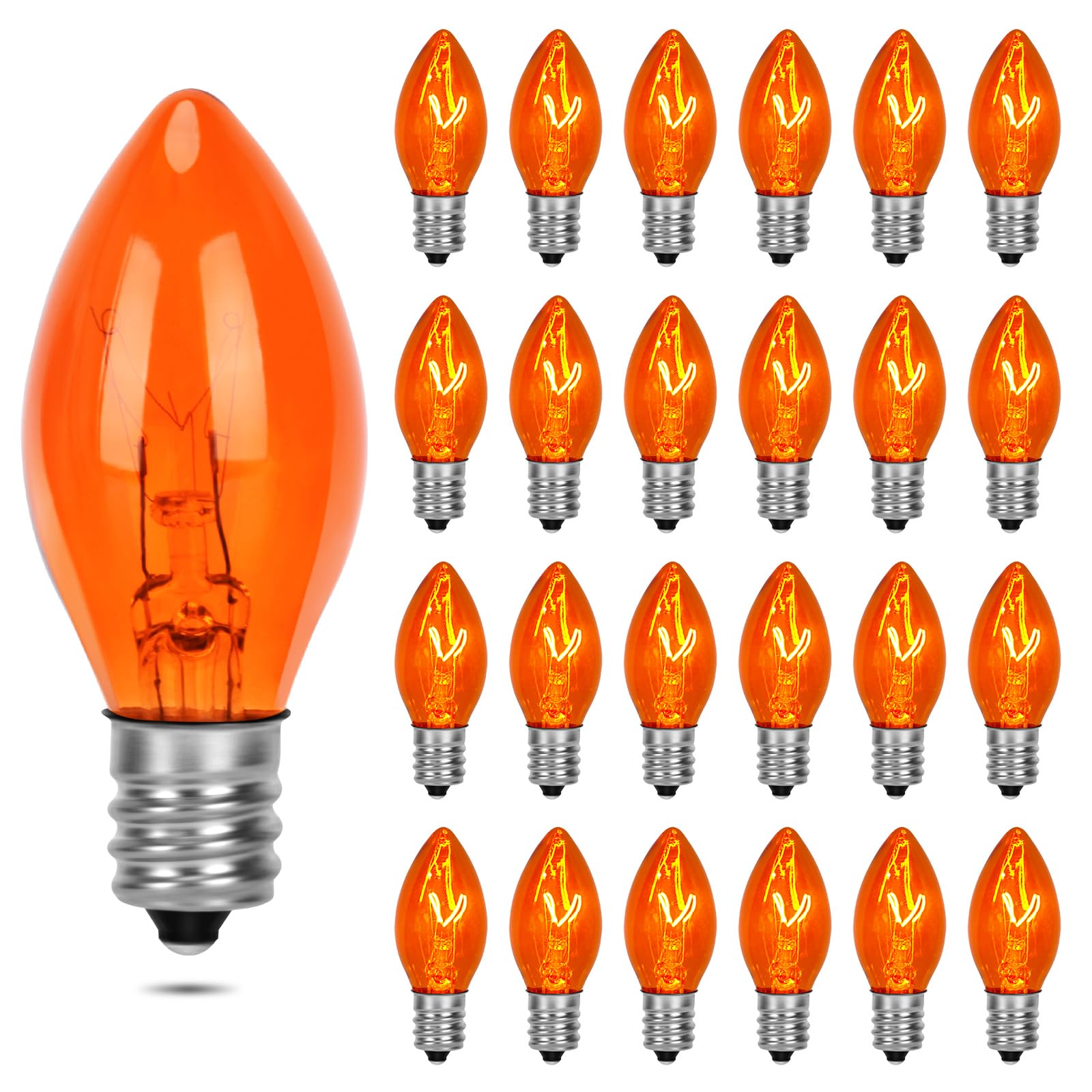 Agaphoton 25 Pack Orange Christmas Replacement Bulbs, C7 Clear Orange Flame Replacement Bulbs For Outdoor String Light, C7/E12 Candelabra Base 5 Watt Great For Christmas Bulbs