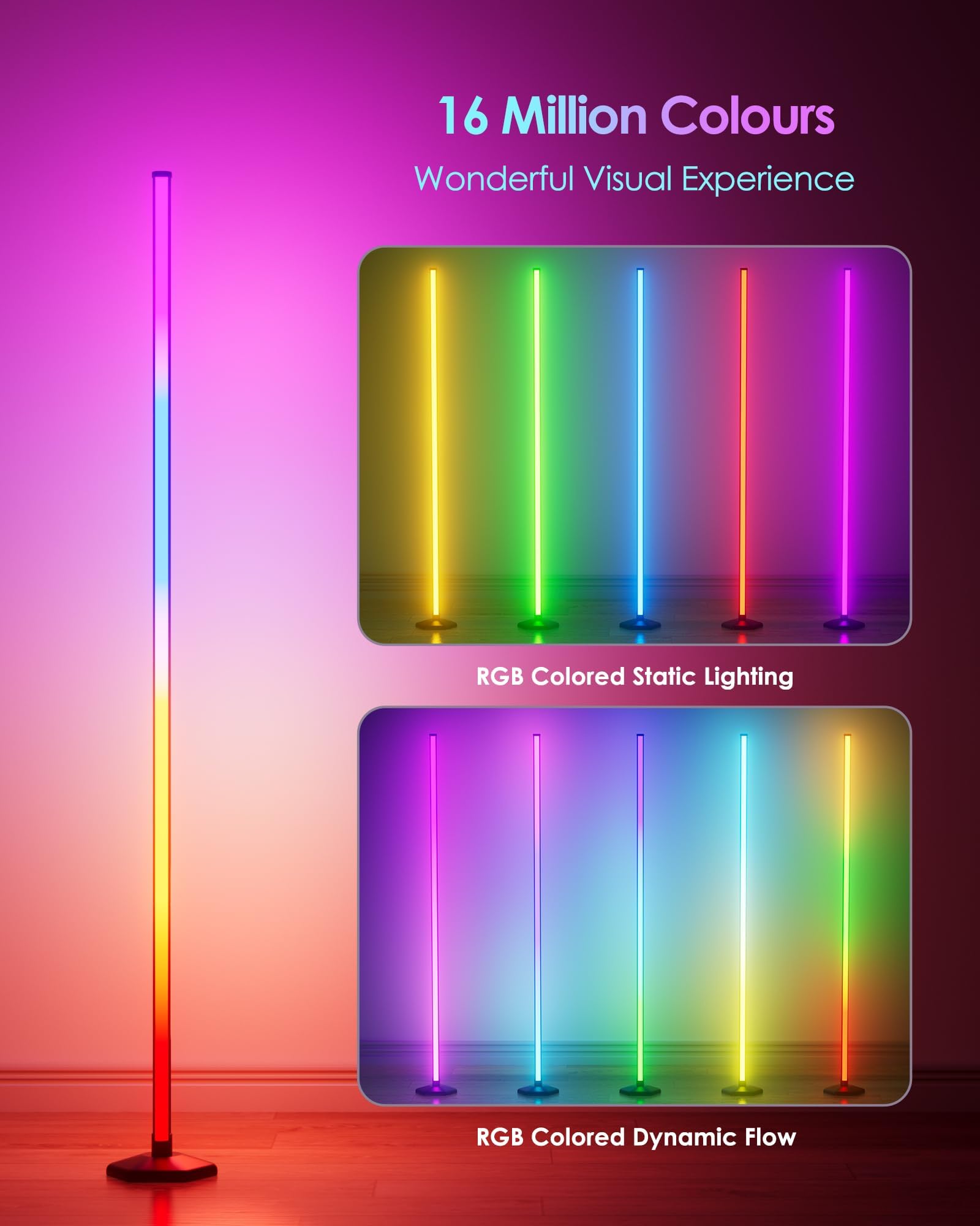 Yikbik Rgb+W Corner Floor Lamp, 65'' Color Changing 24V Led Floor Lamp With Cool White Bluetooth App Remote Control Music Sync M