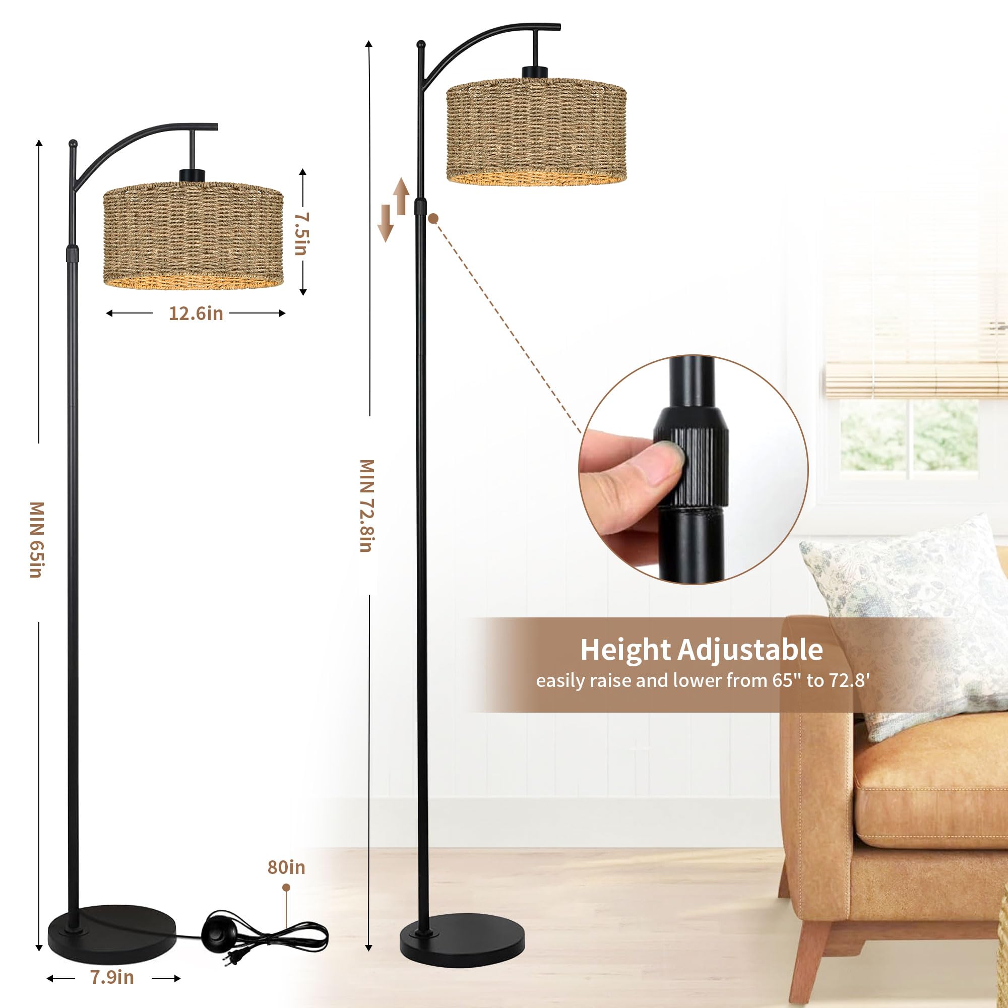 Arc Rattan Floor Lamp For Living Room With Remote,Black Floor Lamps With 3 Color Temperature Dimmable Bulb,Farmhouse Boho Standi