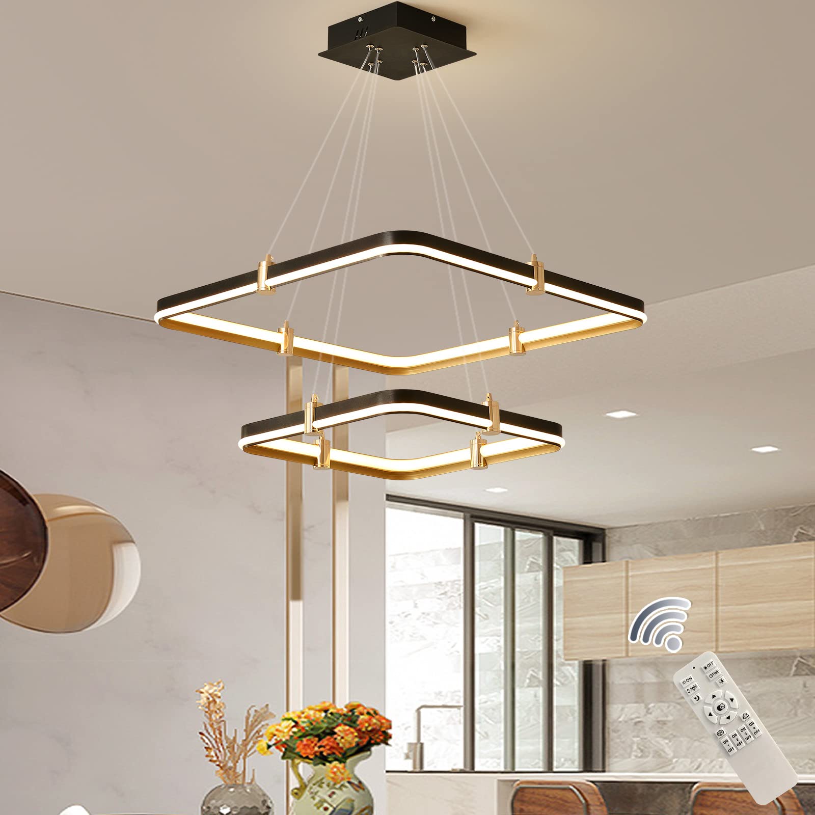 Siittoo Modern Black Chandelier Dining Room Light Fixture  96W Dimmable Led Modern Pendant Light  2-Ring Rectangular Chandelier Hanging Light Fixture For Kitchen Island Living Room Hall  F=24+16