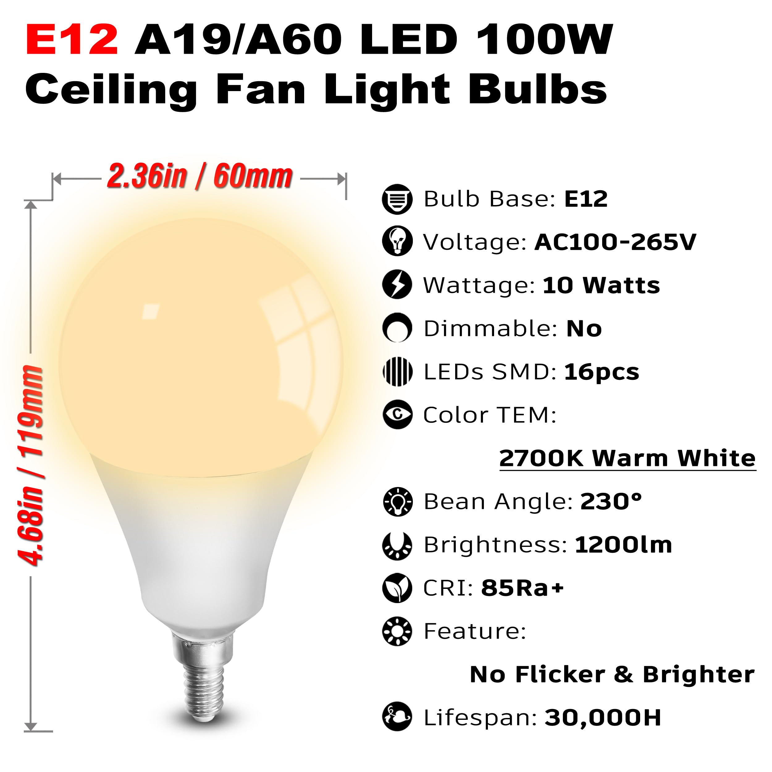 ALIDE E12 A19 LED Bulbs 10W 1200lm 2700K Warm White Non-Dimmable, Globe Shape for Ceiling Fan, Chandelier, Wall Sconces -