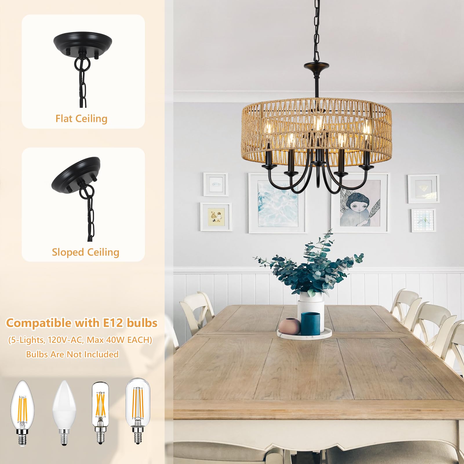 LAMSU 5-Light Modern Farmhouse Chandelier, Black Rattan Pendant Lighting for Dining Room, Kitchen, Living Room, Model 230905A1