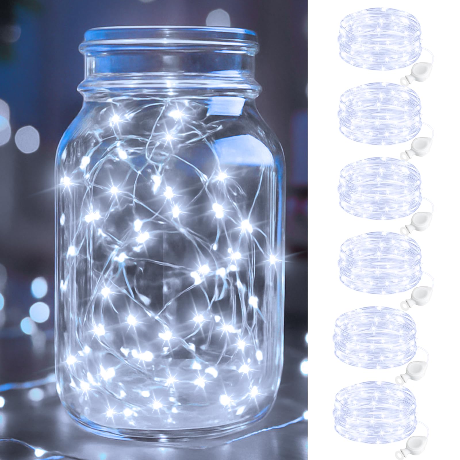 btfarm 6 Pack Fairy Lights Battery Operated, 7FT 20 LED Mini String Lights Waterproof Silver Wire for Mason Jars Centerpiece Tab
