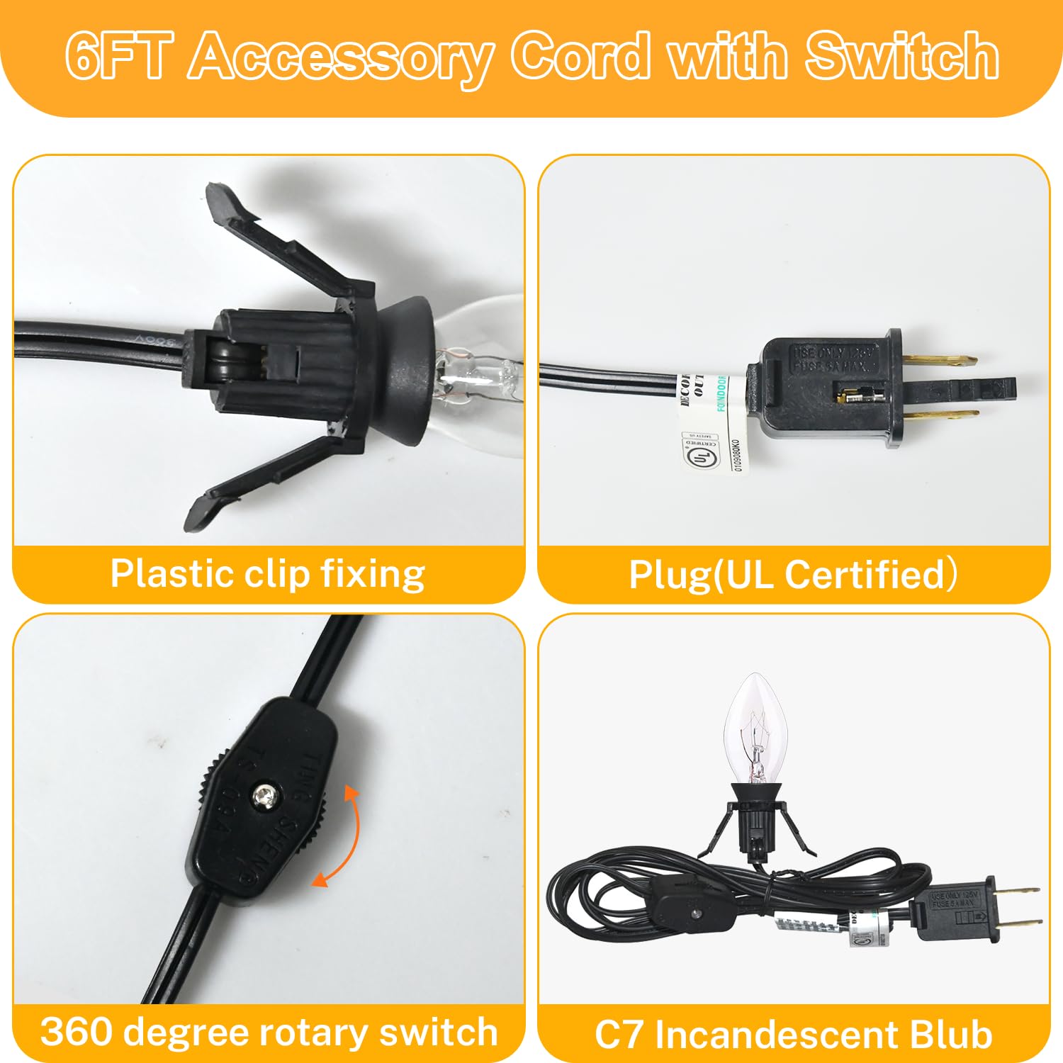 4 Pack Black Accessory Cord With 8Pcs C7 Bulbs (4 For Spare), 6 Feet Clip-In Lamp Cord With On/Off, Light Up Halloween Xmas Deco