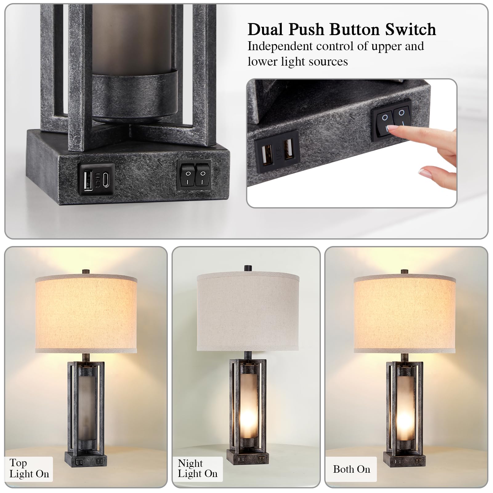 Roriano Set Of 2 Industrial Table Lamps For Living Room With Usb C+A, Vintage End Table Lamp For Bedroom With Gray Nightlight, F