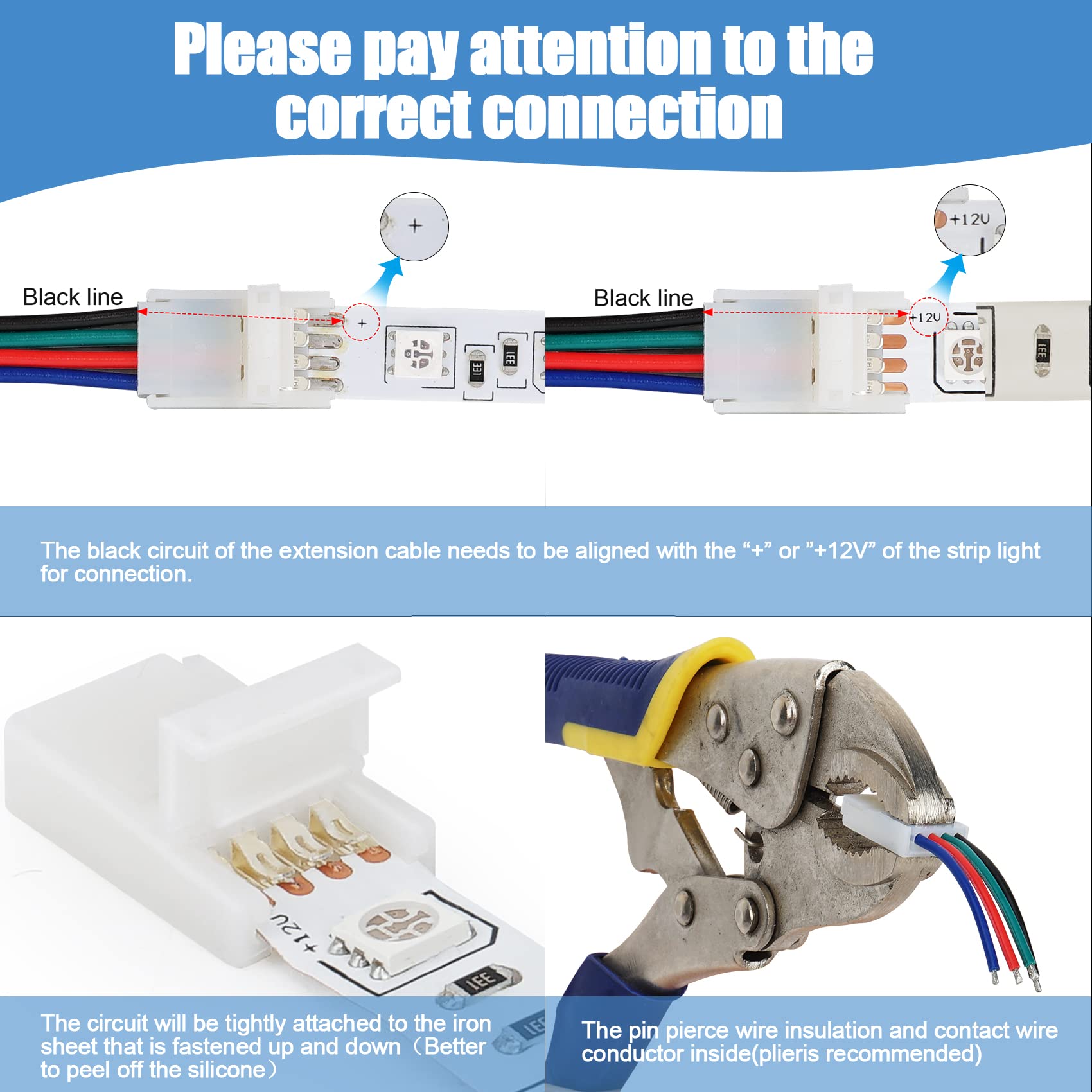 Rifachua 22 Gauge Awg 4 Pin Rgb Led Strip Extension Cable Wire Cord 16.4Ft And 12 Pcs 10Mm Rgb Led Strip Light Connectors No Wir
