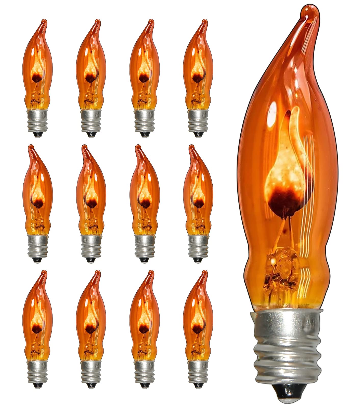 Romasaty C18 Flicker Flame Bulb, E12 Candelabra Light Bulbs, 12 Pack, Glass, Orange Glow