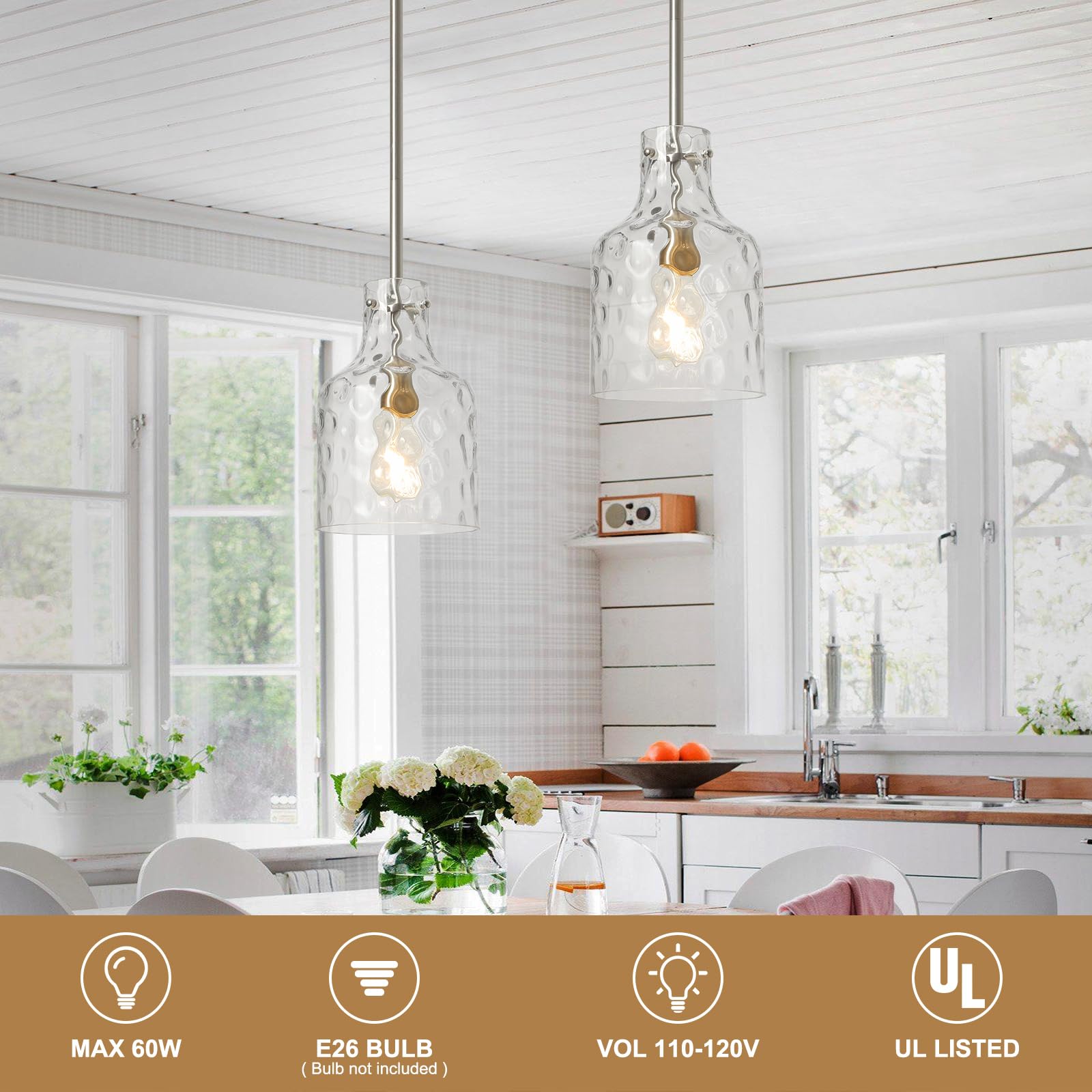 Wilon Modern Glass Pendant Lighting For Kitchen Island, Farmhouse Pendant Lights For Dining Room Kitchen Sink, Adjustable Hangin