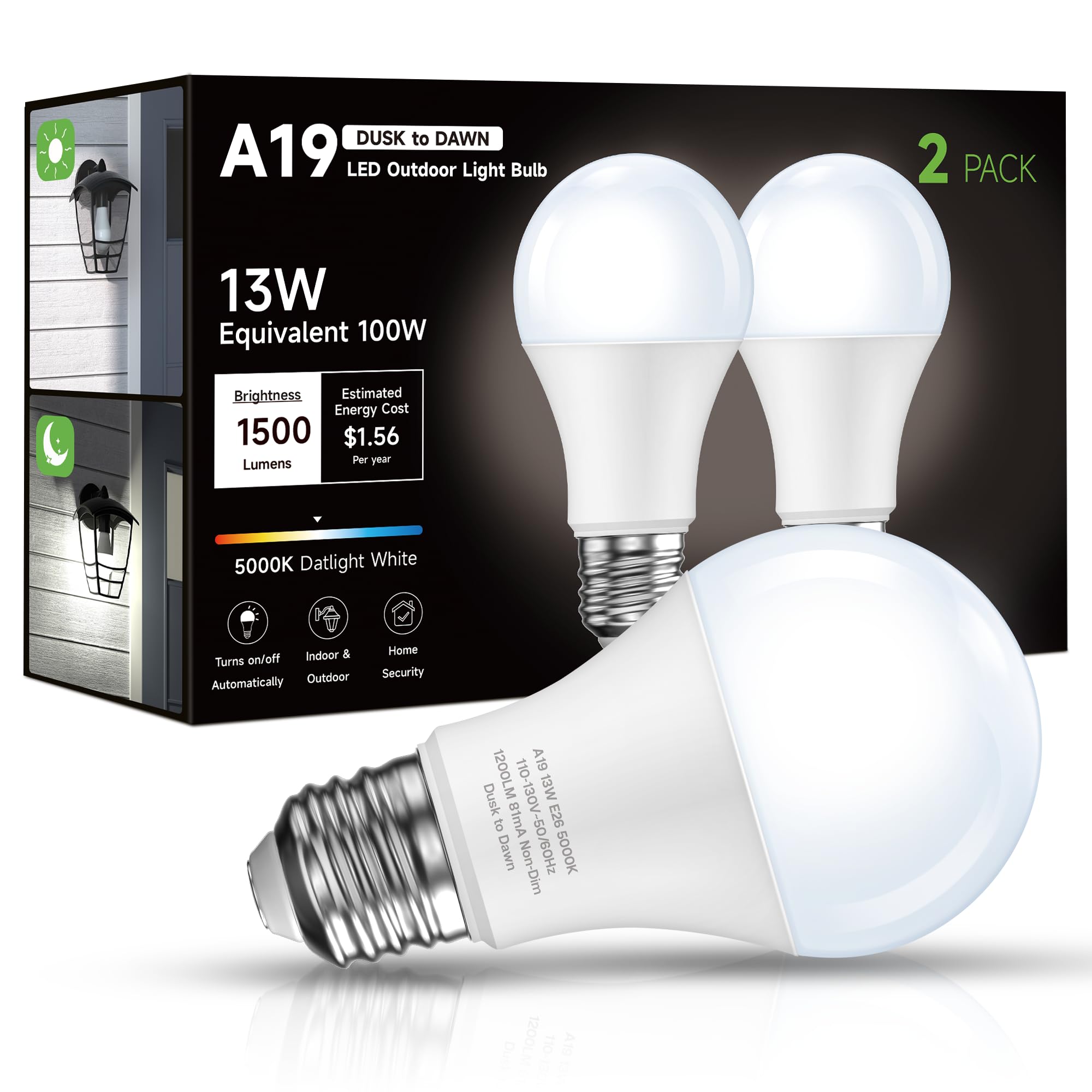 Eastiya Dusk to Dawn Sensor LED Outdoor Light Bulb  Daylight White 5000K  A19 13W(100 Watt Equivalent) Bright Porch Lighting  1200LM  Auto-On/Off Photocell Sensor for Garage Yard Patio Garden- 2 Pack